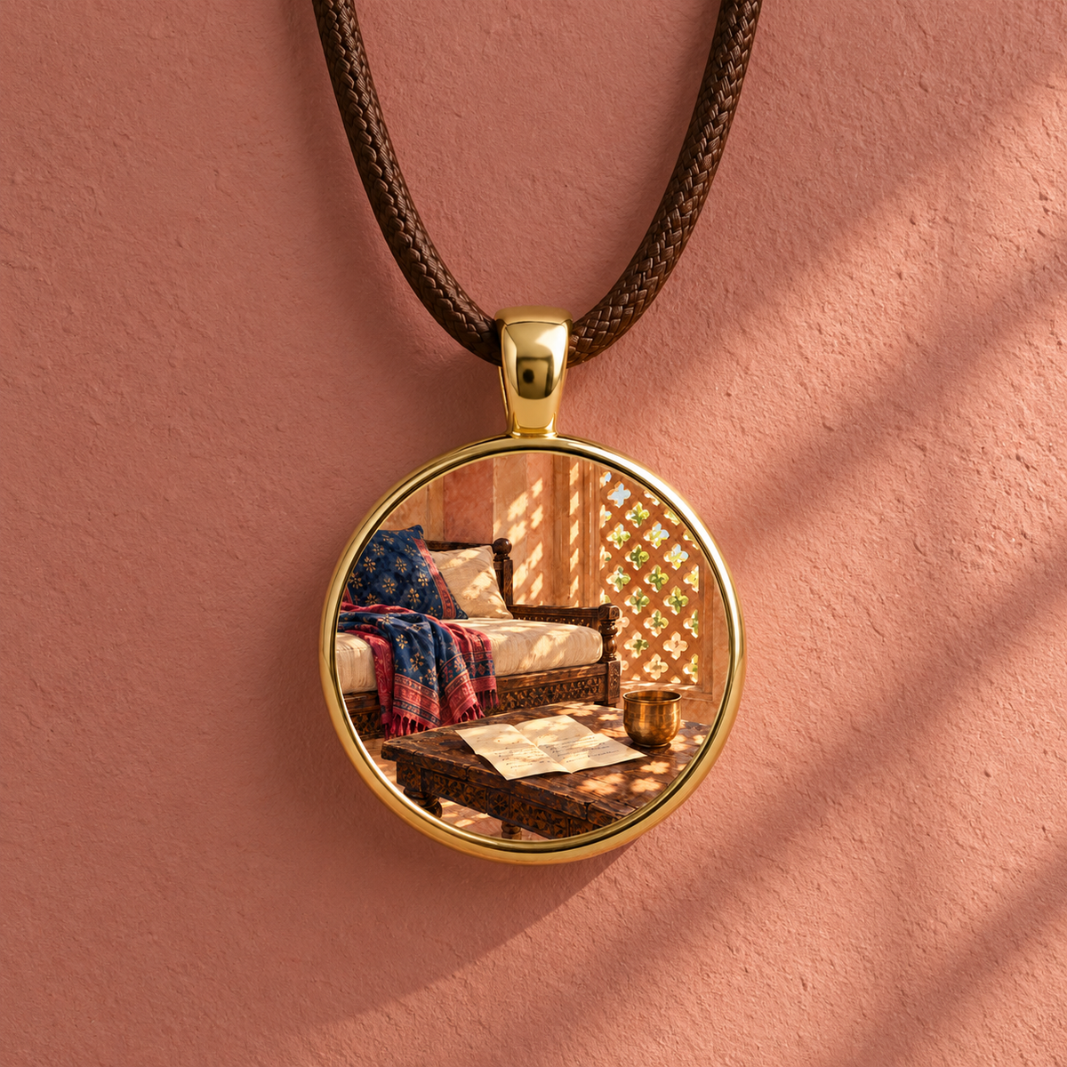 A Letter Waiting | Story Pendant Necklace featuring a round gold pendant on a brown cord with a glass cabochon displaying a miniature lounge scene with a book on a table.