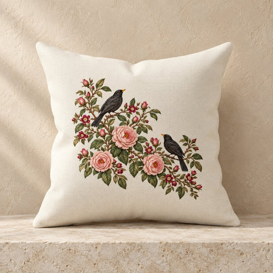 Rambling Rose Botanical Pillow featuring an off-white square design with an illustration of two black birds perched among pink roses and green leaves.