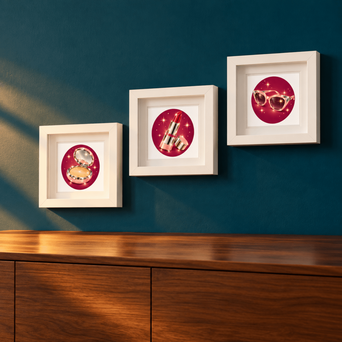 Three “Beauty Rituals of Chrome & Starlight | Mirabilia Relics” art pieces by Mirabilia Boutique hang above a sideboard, each framed in white and featuring a compact, lipstick, and sunglasses on red backgrounds.