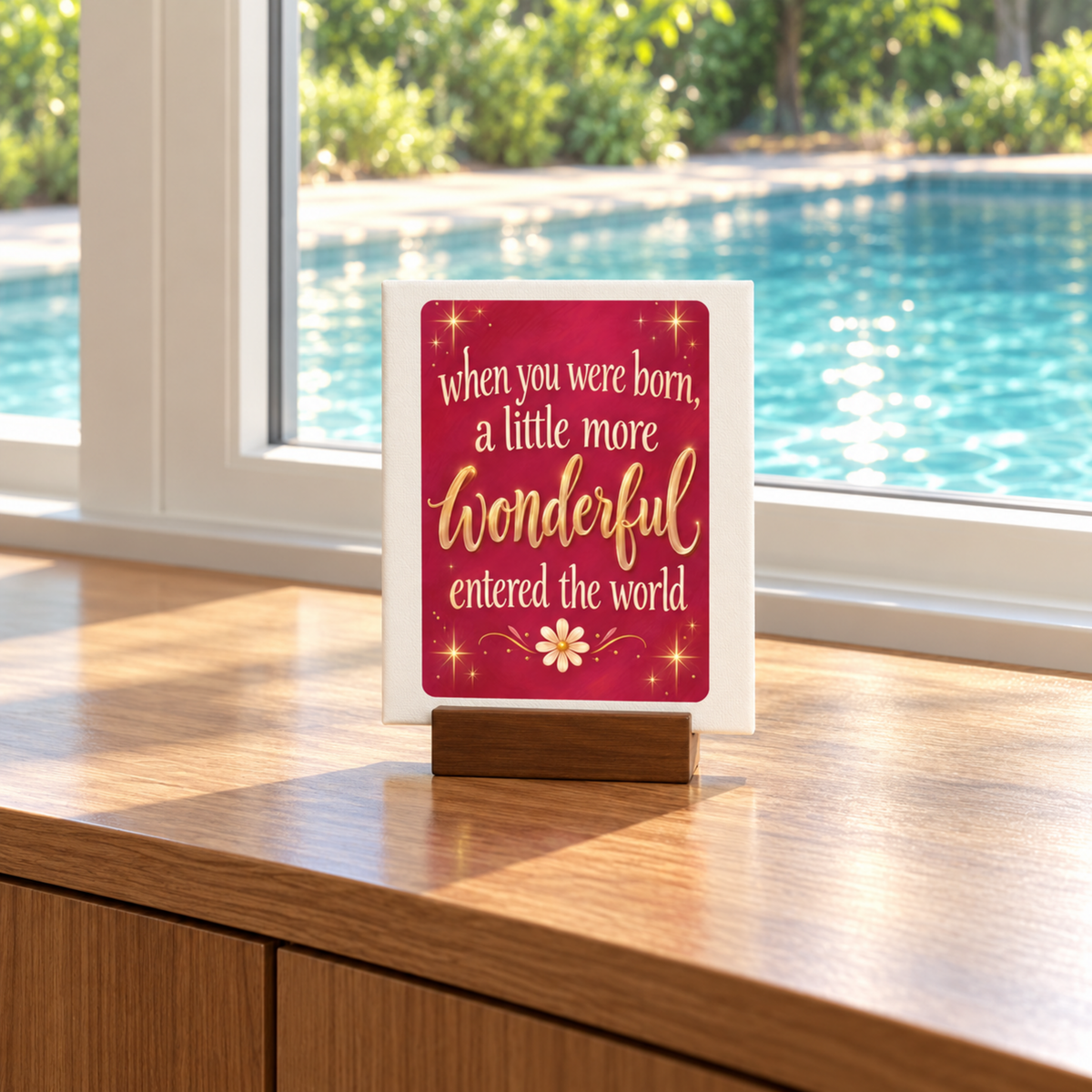 A When You Were Born Friendship Mini Sign in a wooden stand features the quote, “When you were born, a little more wonderful entered the world,” decorated with gold stars and a small flower.