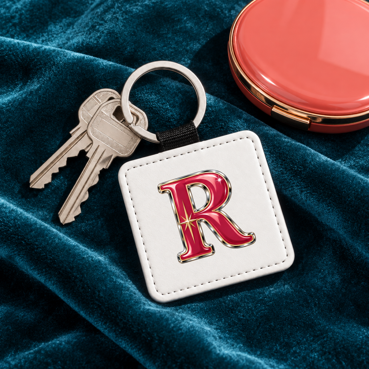 A white square Stardust Enamel Personalized Monogram Keychain featuring a large, red stardust enamel letter “R,” attached to a silver keyring with two metal keys.