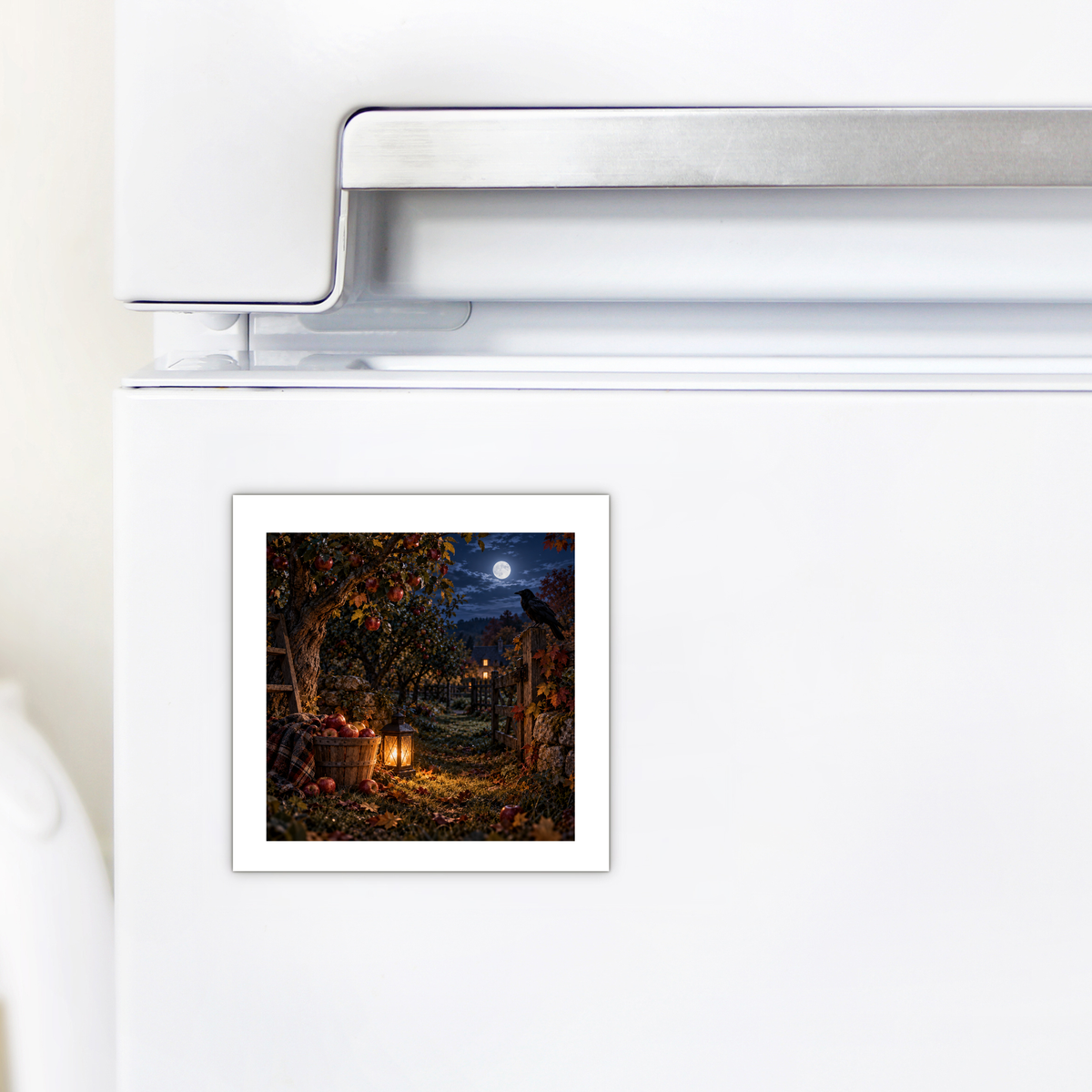 The Midnight Orchard Magnet | Haunted Harvest by Mirabilia Boutique decorates a white refrigerator door near the handle, featuring a moonlit orchard, glowing lanterns, and a full moon.