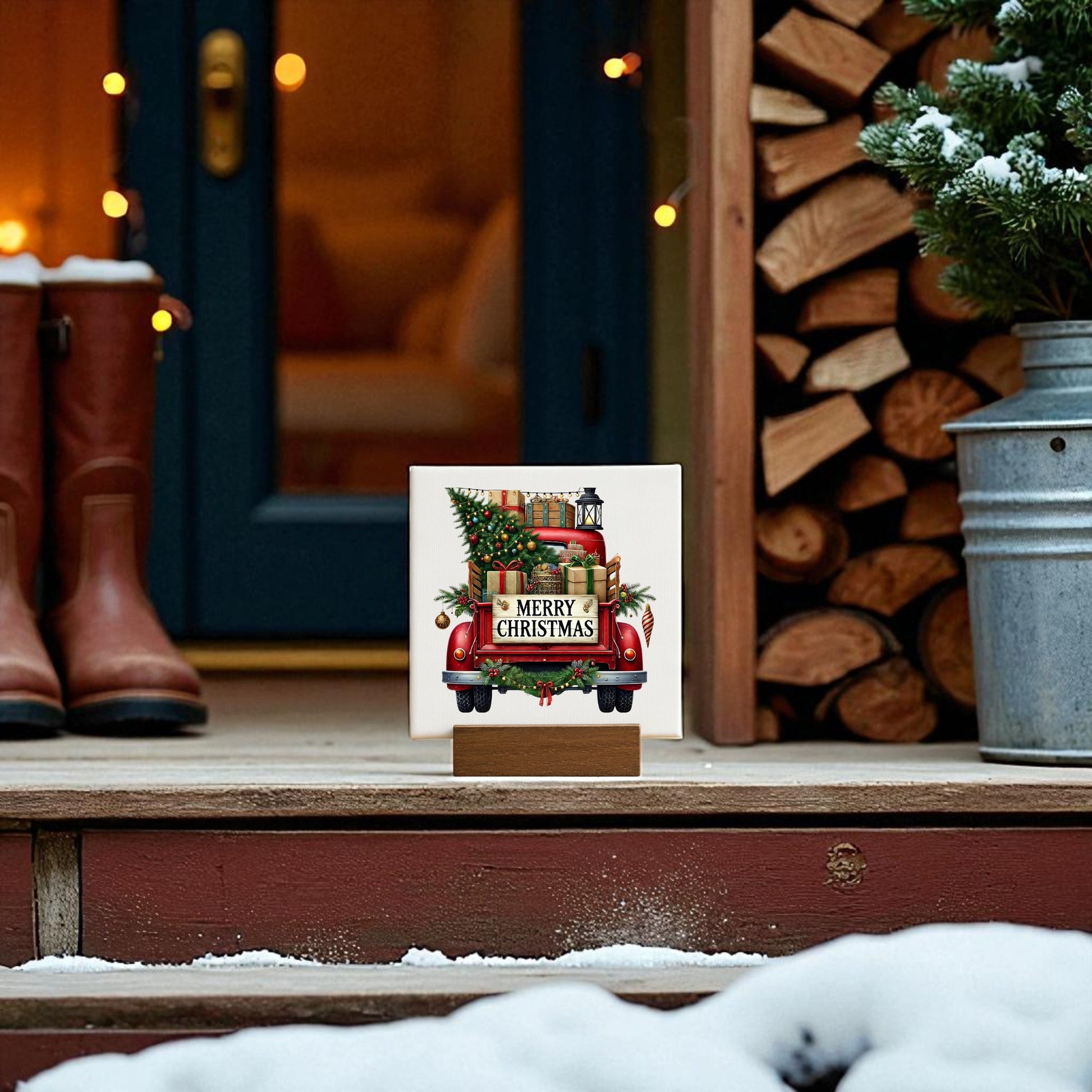 The Mirabilia Boutique Red Merry Christmas Truck Mini Sign, featuring a vintage truck with tree and gifts, is perfect rustic holiday decor for your porch or entryway.