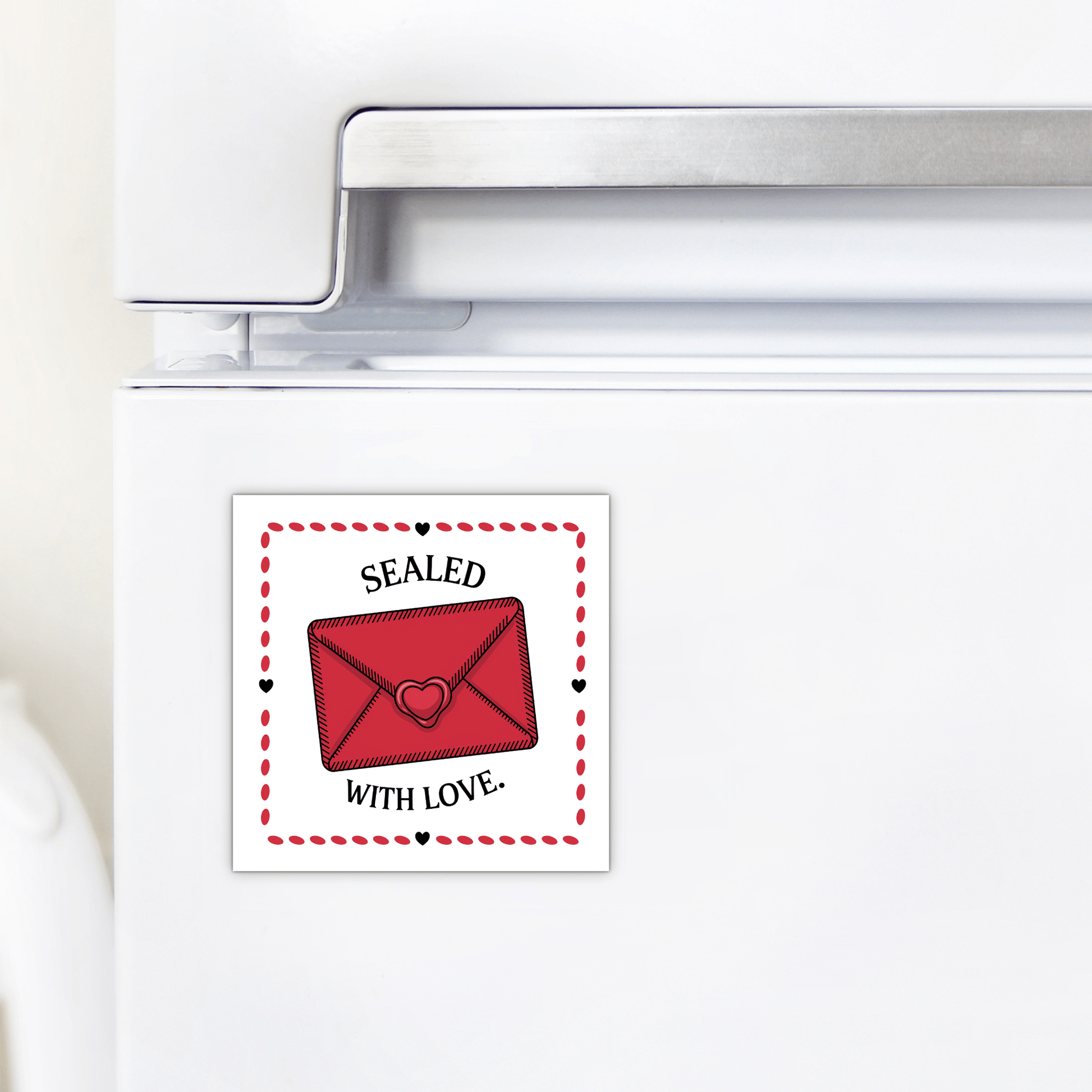 The Sealed with Love Envelope Magnet by Mirabilia Boutique features a red envelope with a heart seal and "SEALED WITH LOVE" inside a dotted red and black heart-adorned border.