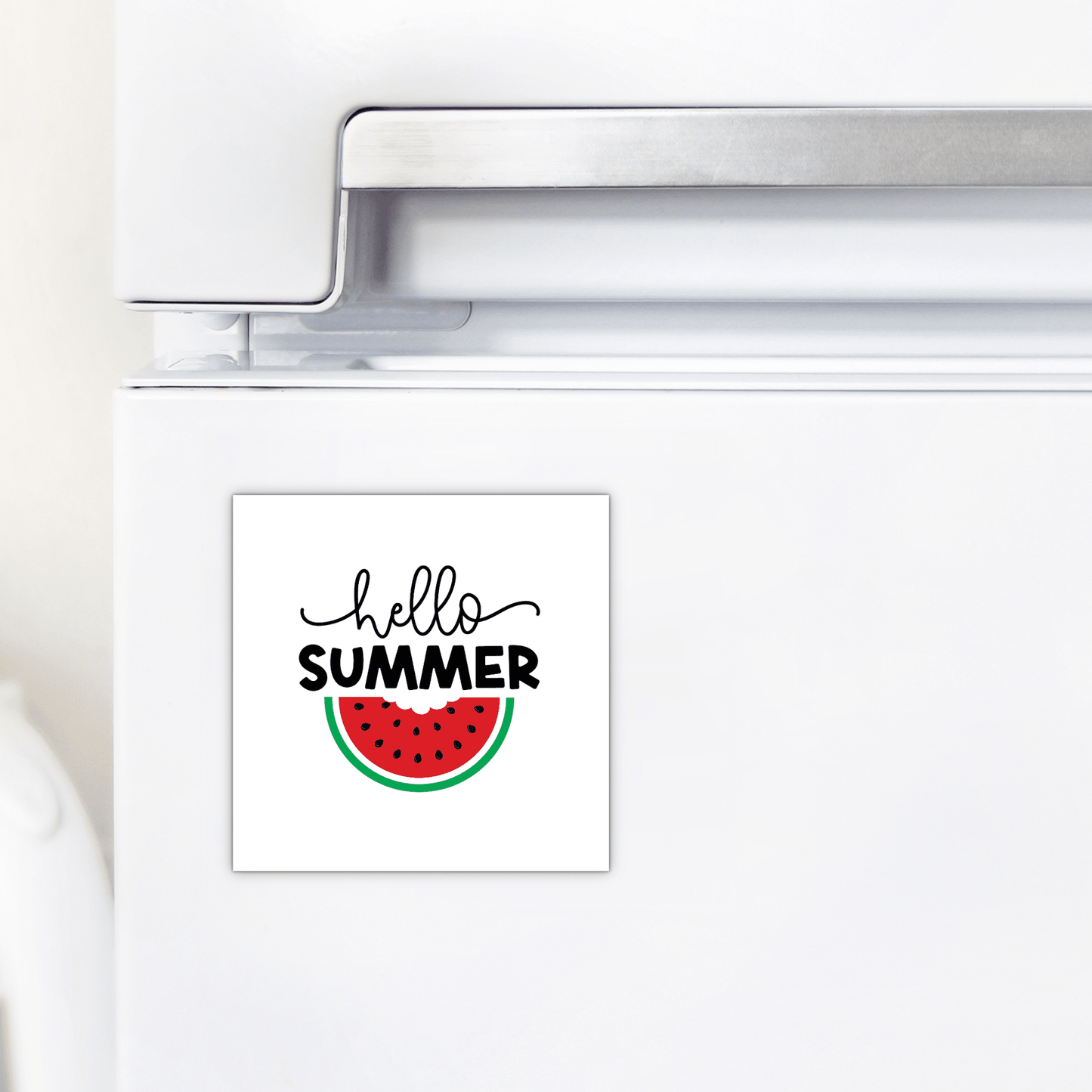 Add playful summer decor to your kitchen with the Mirabilia Boutique Hello Summer Watermelon Magnet—juicy seasonal fridge art featuring "hello SUMMER" above a watermelon slice illustration.