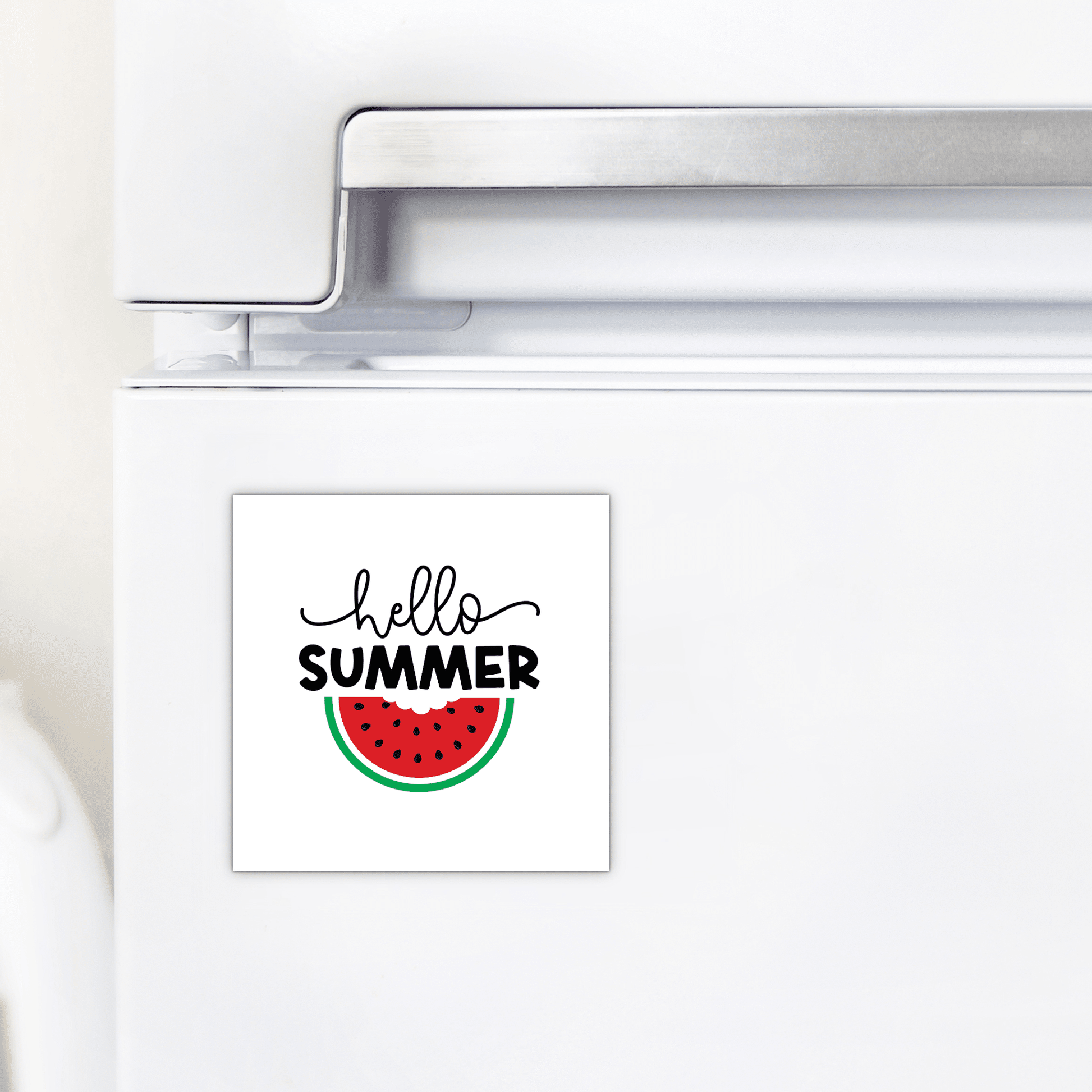 Add playful summer decor to your kitchen with the Mirabilia Boutique Hello Summer Watermelon Magnet—juicy seasonal fridge art featuring "hello SUMMER" above a watermelon slice illustration.