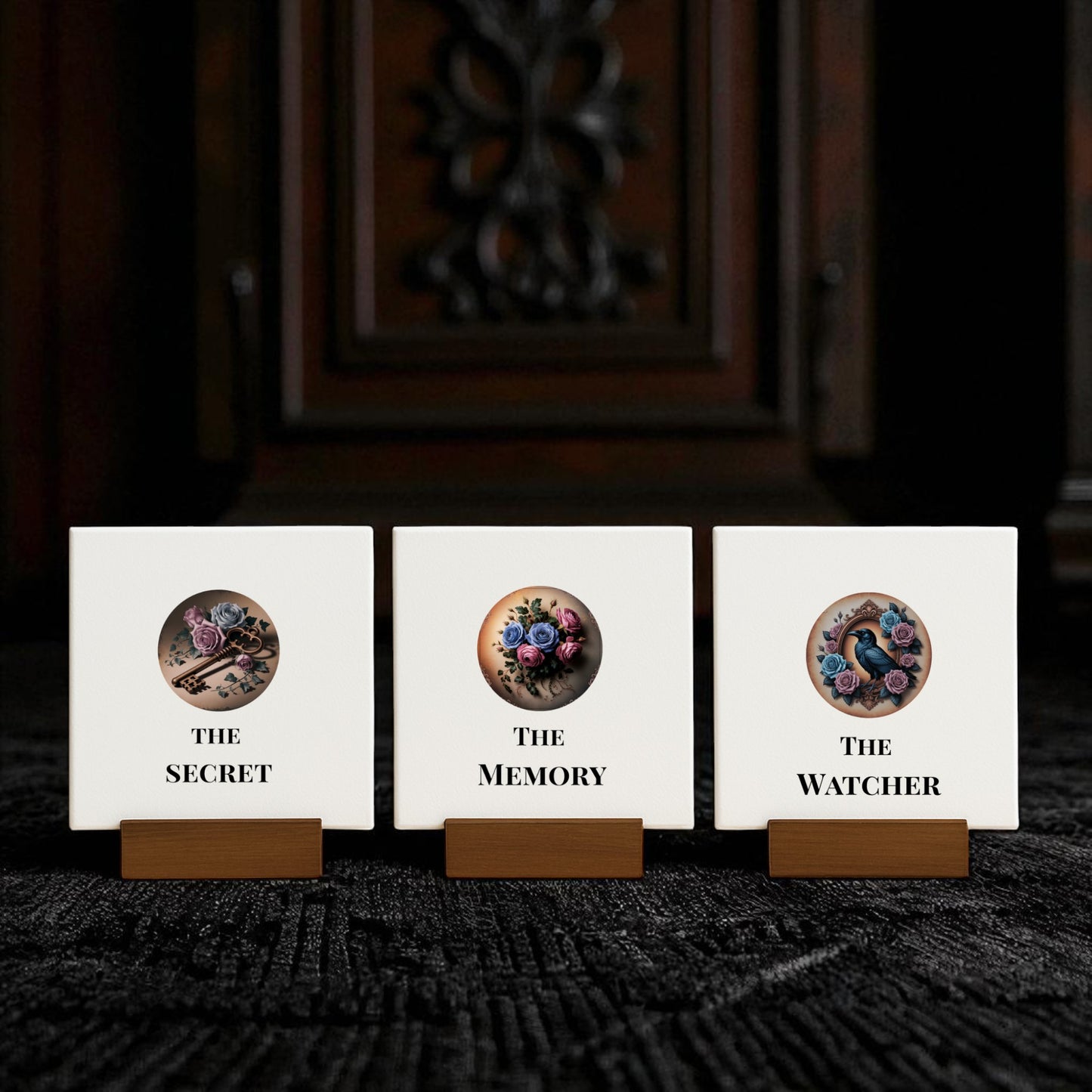 The Dead Regency Mini Sign Set by Mirabilia Boutique features three gothic signs—Raven, Roses & Keys—displayed on wooden stands against a dark, ornate backdrop, perfect for gothic home decor or dark academia spaces.