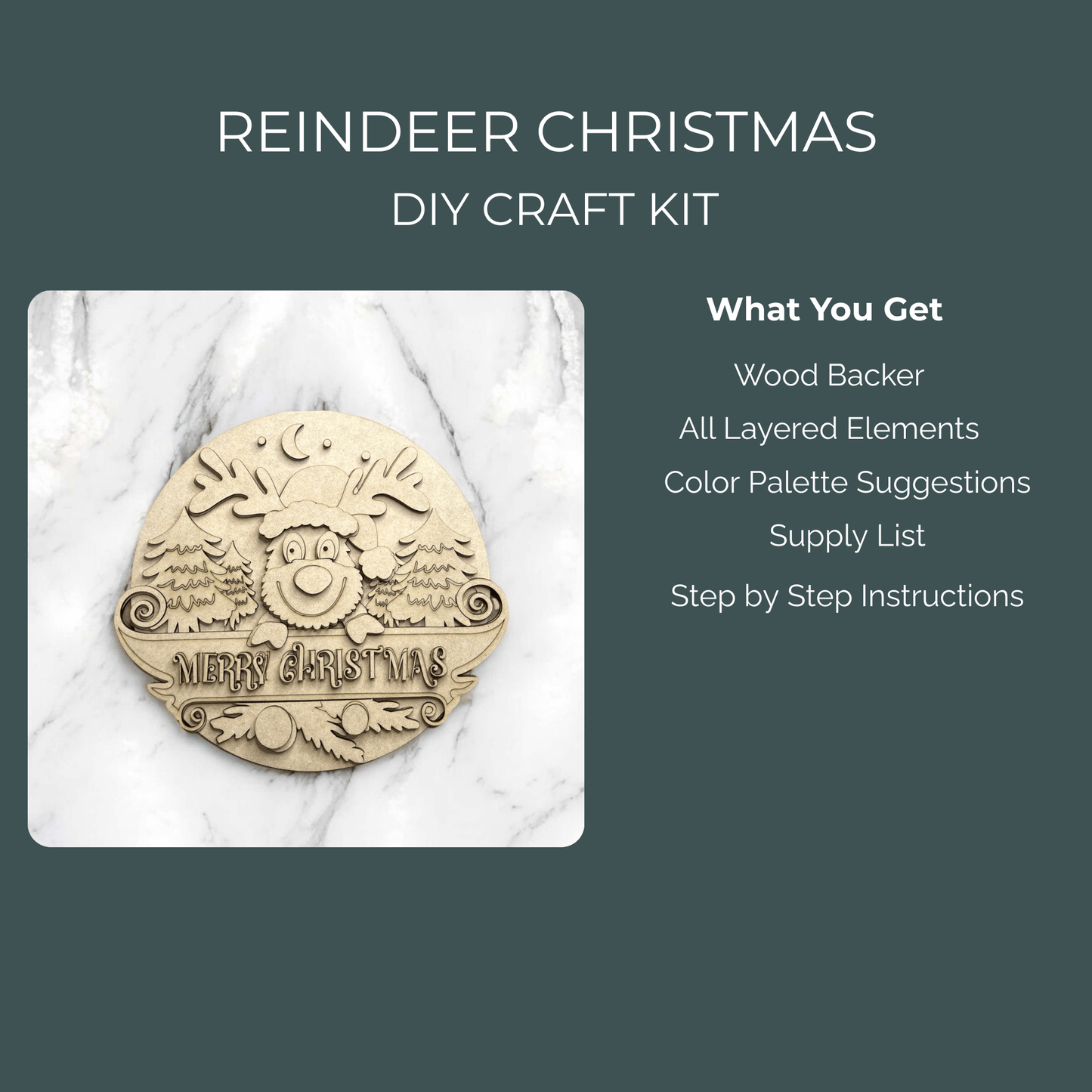 On a marble background, Mirabilia Boutique’s Reindeer Christmas DIY Sign Kit features a wooden smiling reindeer with trees, snow, and "Merry Christmas." Kit includes wood backer, layers, color ideas, supplies, and instructions.