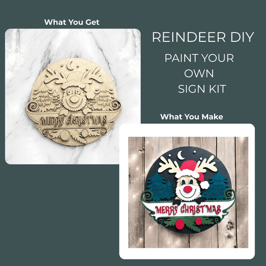Two images show the Mirabilia Boutique Reindeer Christmas DIY Sign Kit: one as an unpainted wood "Merry Christmas" sign, the other painted with a reindeer in a Santa hat. Text reads: “Reindeer DIY Paint Your Own Holiday Decor.”.