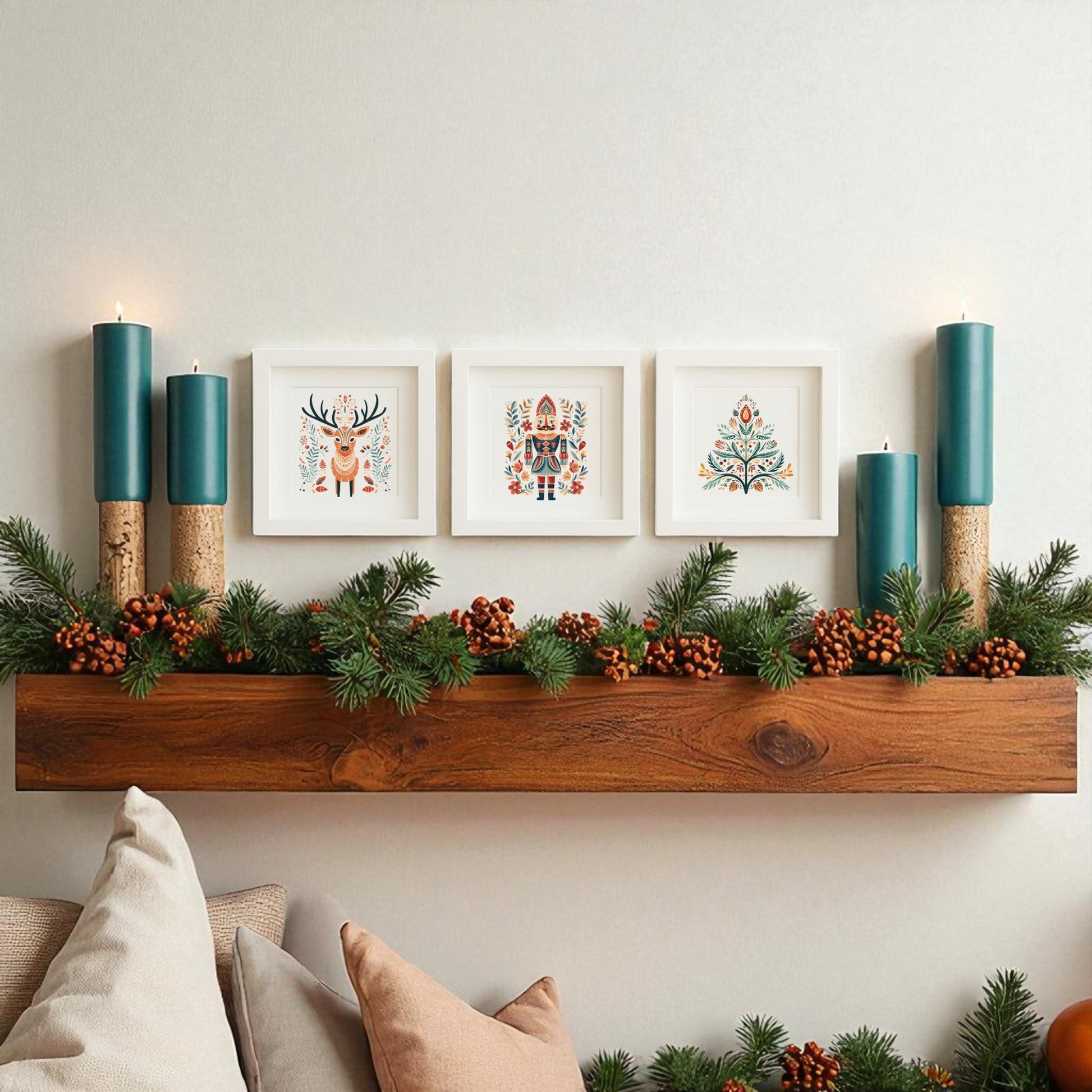 A wooden mantel with pine branches, pinecones, and blue candles sits below the Mirabilia Boutique Reindeer Nutcracker Tree Shadowbox Trio holiday wall art. Cushions add comfort to the sofa beneath this Scandinavian decor.