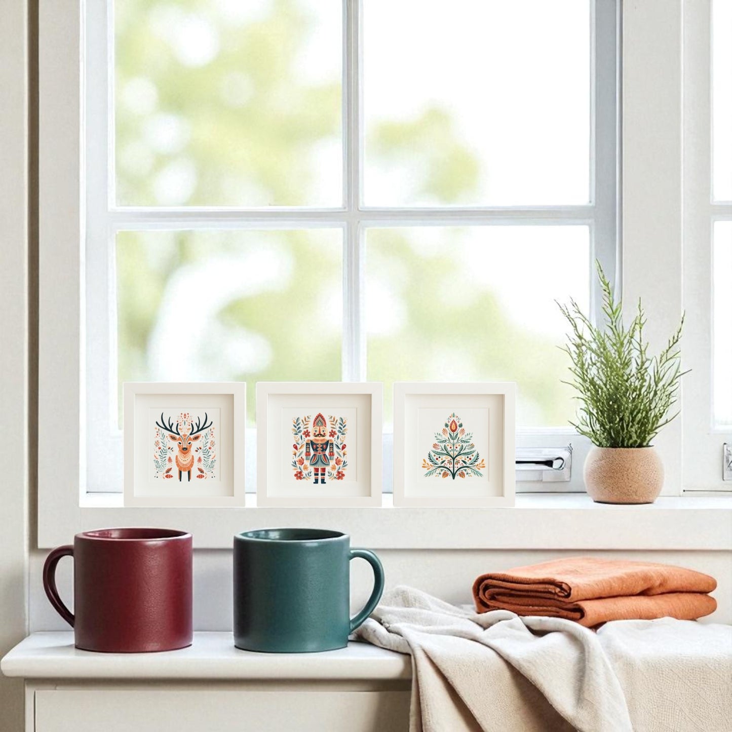 Mirabilia Boutique’s Reindeer Nutcracker Tree Shadowbox Trio brings festive cheer to your space. Display this holiday wall art with a potted plant, two stacked mugs (burgundy & teal), and folded orange cloths for a charming windowsill look.
