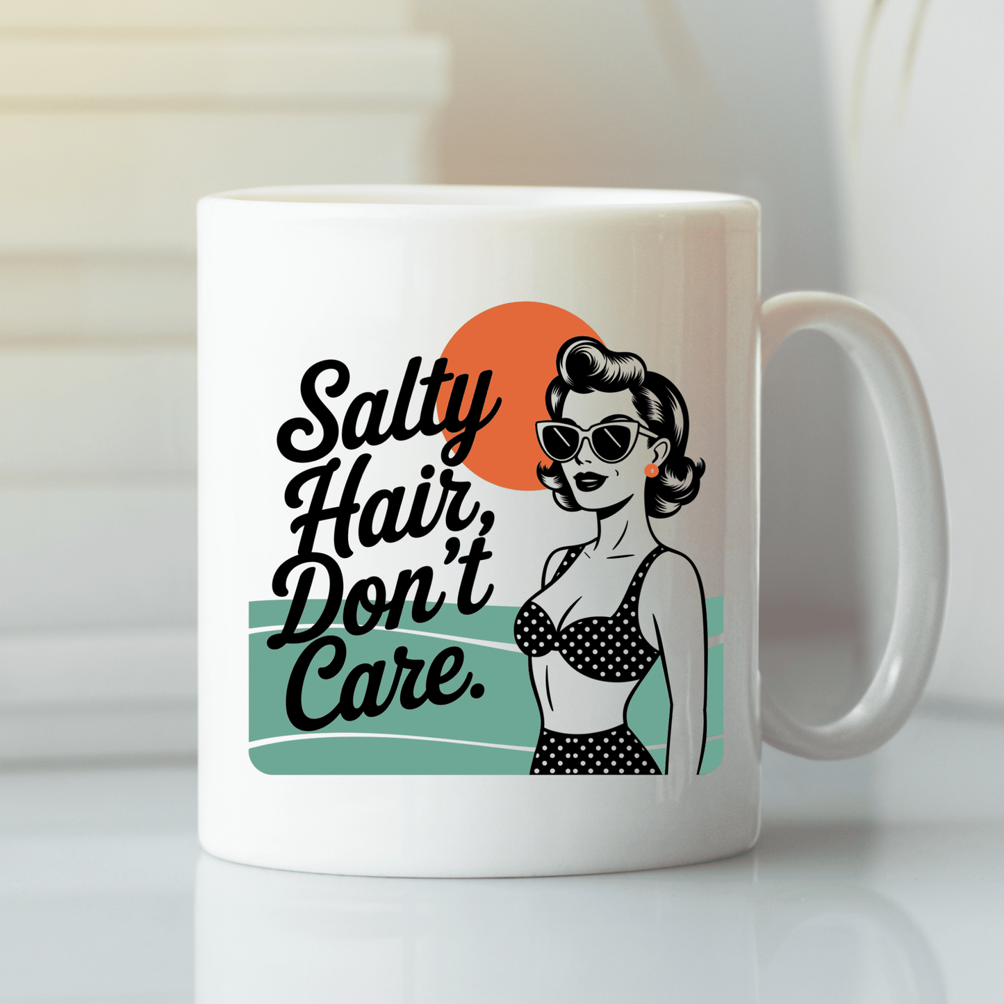 The Salty Hair Don’t Care Mug – Retro Beach Babe Vibes by Mirabilia Boutique features a vintage swimwear illustration, retro sunglasses, and the motto "Salty Hair, Don’t Care" with an orange sun and teal waves for a bold coastal look.