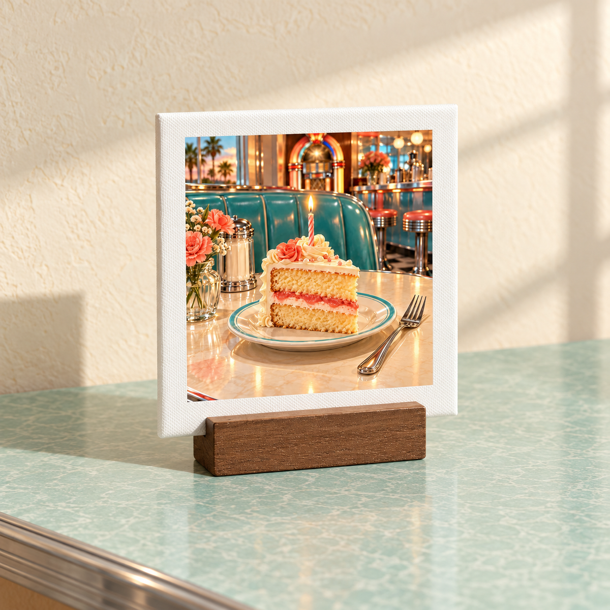 The Make a Wish at the Bluebird Birthday Mini Sign is a square tabletop sign in a wooden base featuring decorative cake art of a slice of birthday cake with a lit candle, set on a diner table in front of blue booths.
