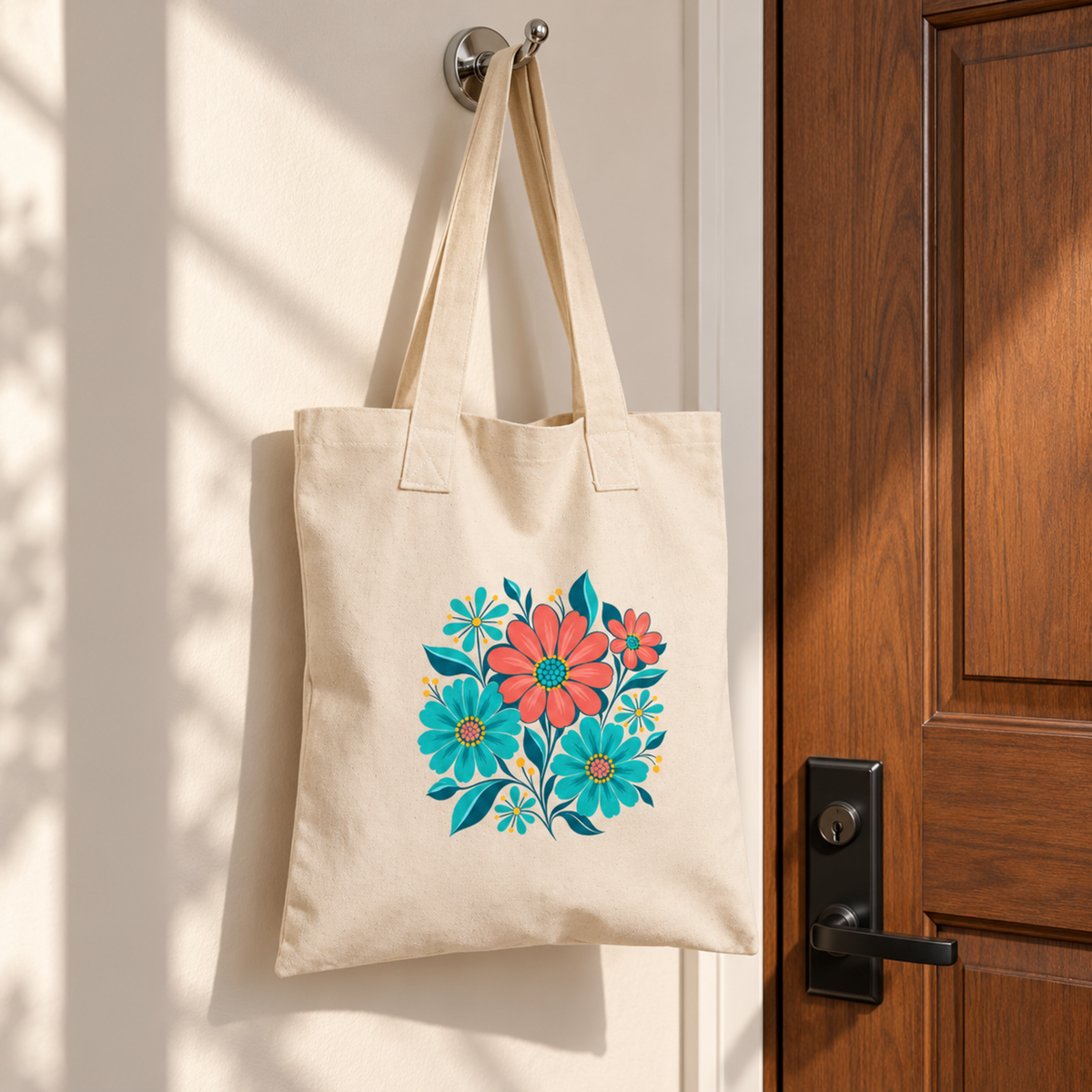 Poolside Petals Floral Tote | Chrome & Starlight canvas bag with pink and teal flowers hanging from a wall hook next to a wooden door.
