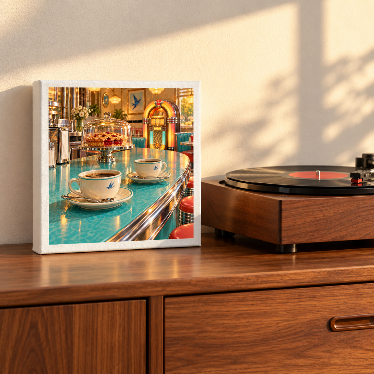 A square Meet Me at the Bluebird Canvas | Chrome & Starlight print featuring a retro coffee and pie scene with two cups and a cherry pie sits on a wooden dresser next to a turntable.