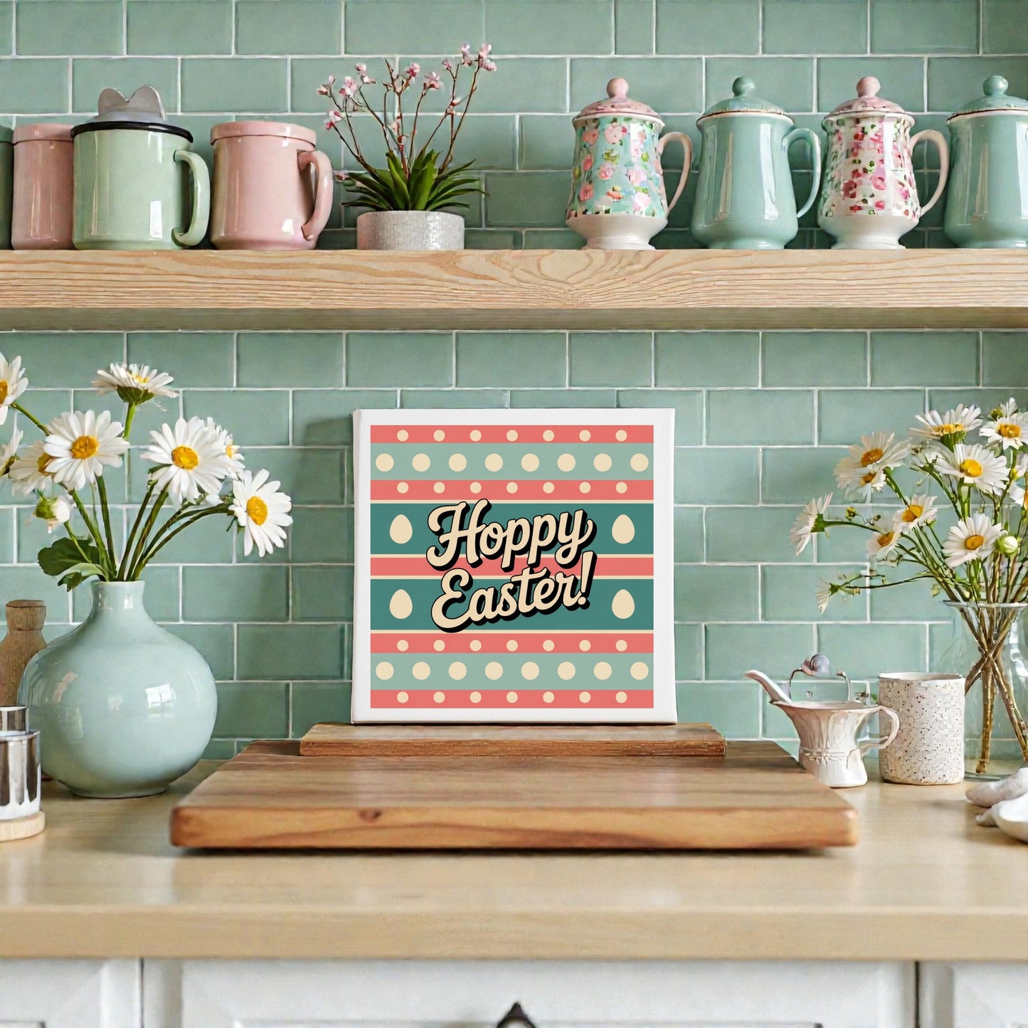 A kitchen countertop features daisies in vases, pastel teapots and mugs, and Mirabilia Boutique's "Hoppy Easter Canvas – Retro 8x8 Spring Wall Art" with playful text on a polka dot background—perfect festive Easter décor.