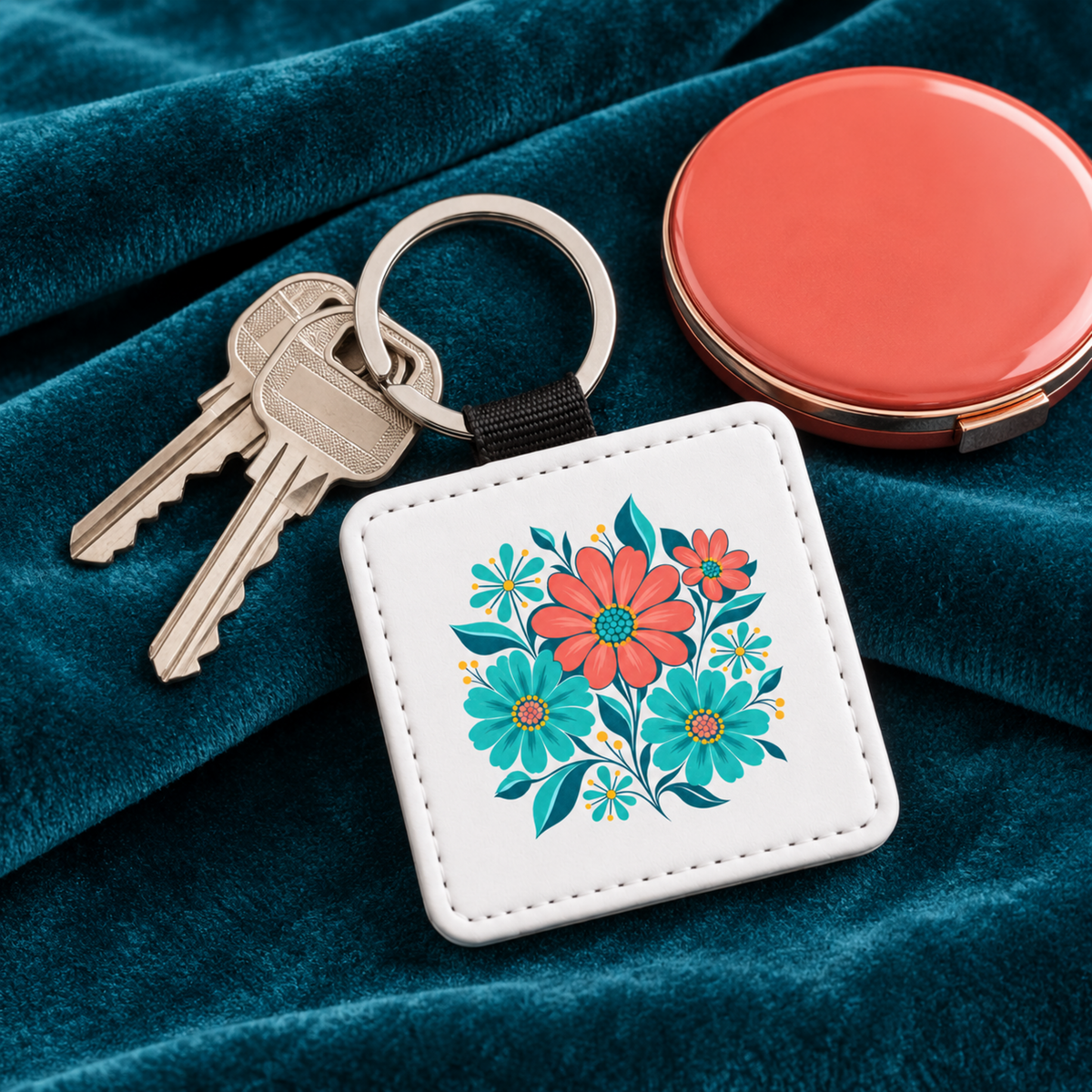A white square Poolside Petals Floral Keychain | Chrome & Starlight featuring a floral illustration of pink and teal flowers, attached to a silver keyring with two keys.