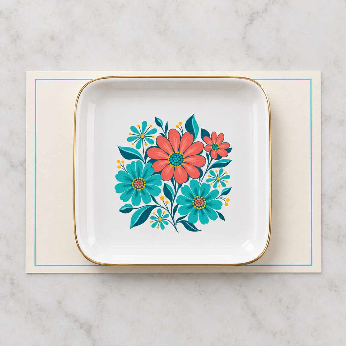 Square white ceramic Poolside Petals Ceramic Jewelry Tray featuring a metallic gold rim and a colorful floral illustration in the center, perfect as a bedside ring holder.