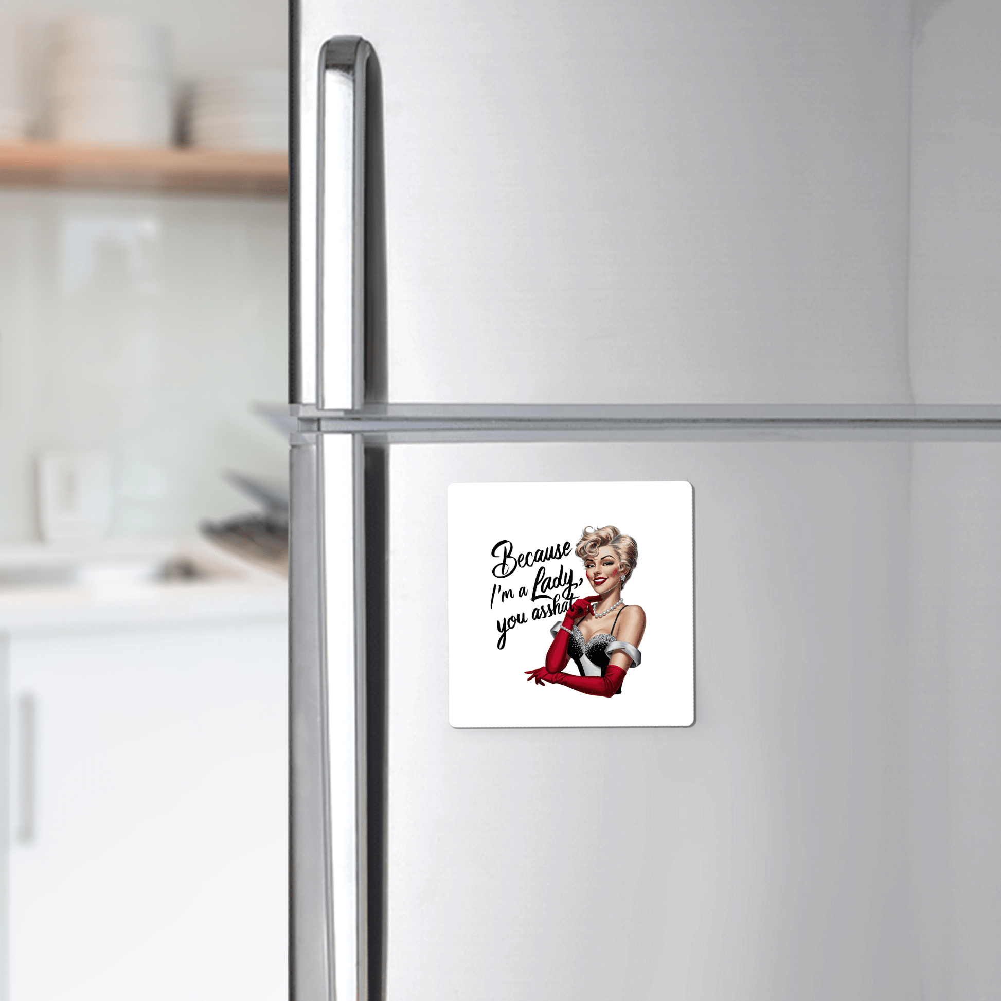 The "Because I'm a Lady" Magnet by Mirabilia Boutique features a retro, smiling woman in red gloves and is a UV-printed, sarcastic gift for women or friends—perfect for adding wit to any fridge.