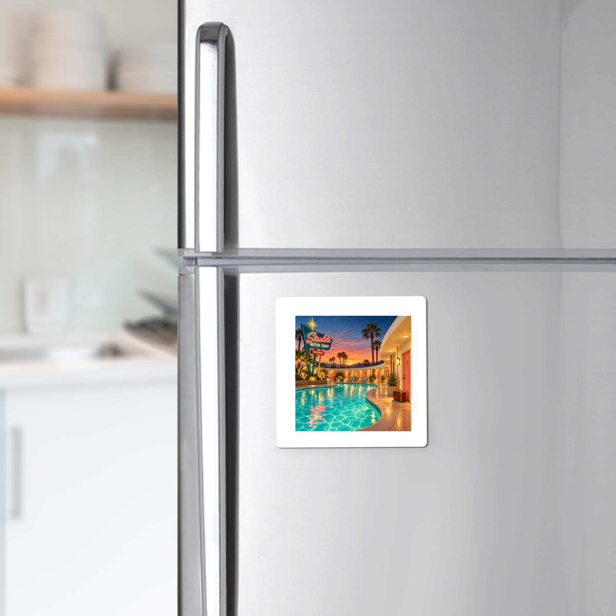 A silver fridge displays the Arrival at the Starlite Magnet | Chrome & Starlight by Mirabilia Boutique, featuring a pool, palm trees, and retro Las Vegas sign. Blurred white dishes and kitchenware are in the background.