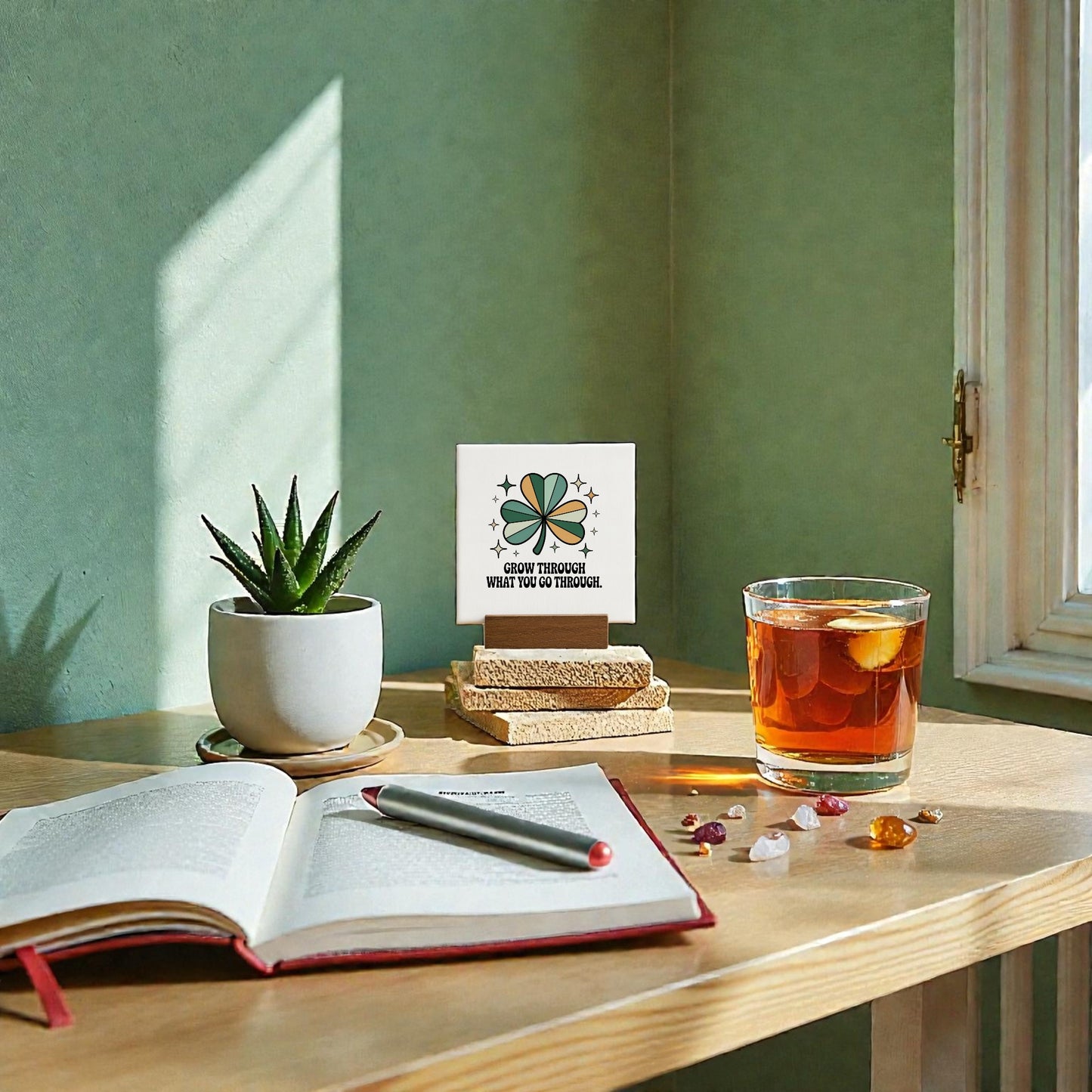 A sunlit desk displays an open notebook, pen, succulent in a white pot, iced tea with lemon, crystals, and the Mirabilia Boutique "Grow Through What You Go Through" mini sign by the window.