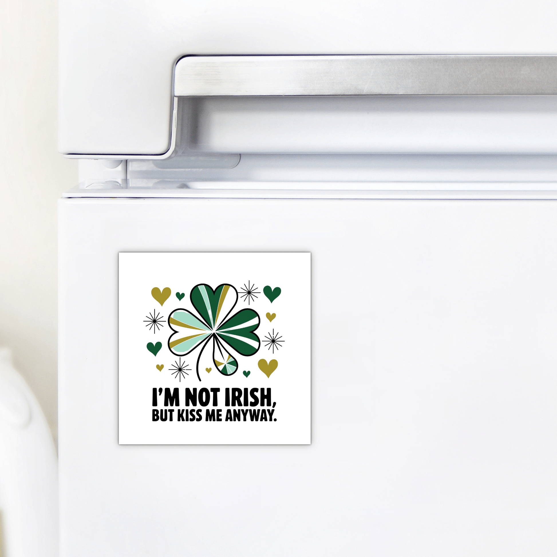 The Kiss Me Anyway Funny St. Patrick’s Day Magnet by Mirabilia Boutique adds a playful touch to your fridge with gold and green hearts plus the “I’M NOT IRISH, BUT KISS ME ANYWAY” message—perfect for Irish parties or festive décor.