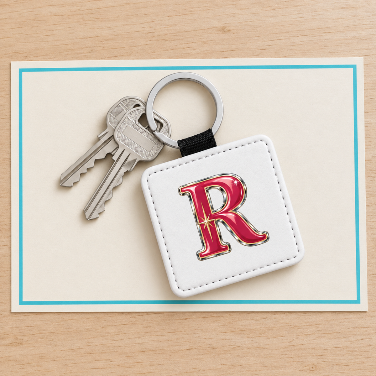 A square white Stardust Enamel Personalized Monogram Keychain | Chrome & Starlight featuring a red, chrome-outlined letter “R” with a star icon, attached to a metal ring with two keys.