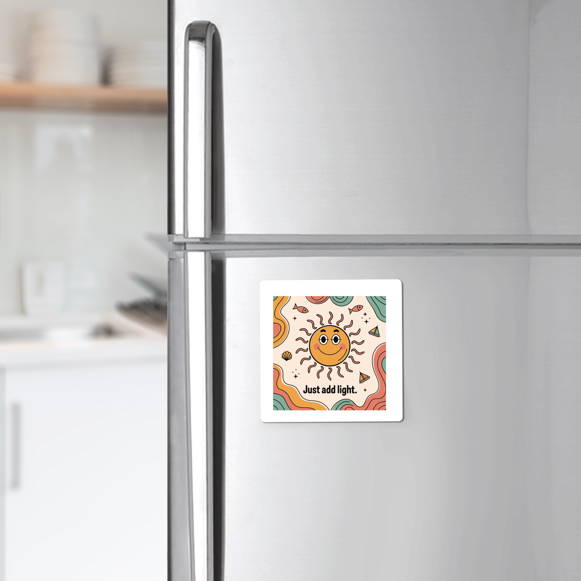 The Just Add Light Magnet – Retro Sun Fridge Art by Mirabilia Boutique, featuring a smiling sun and uplifting text, adds cheer to a sleek silver refrigerator in a modern kitchen.