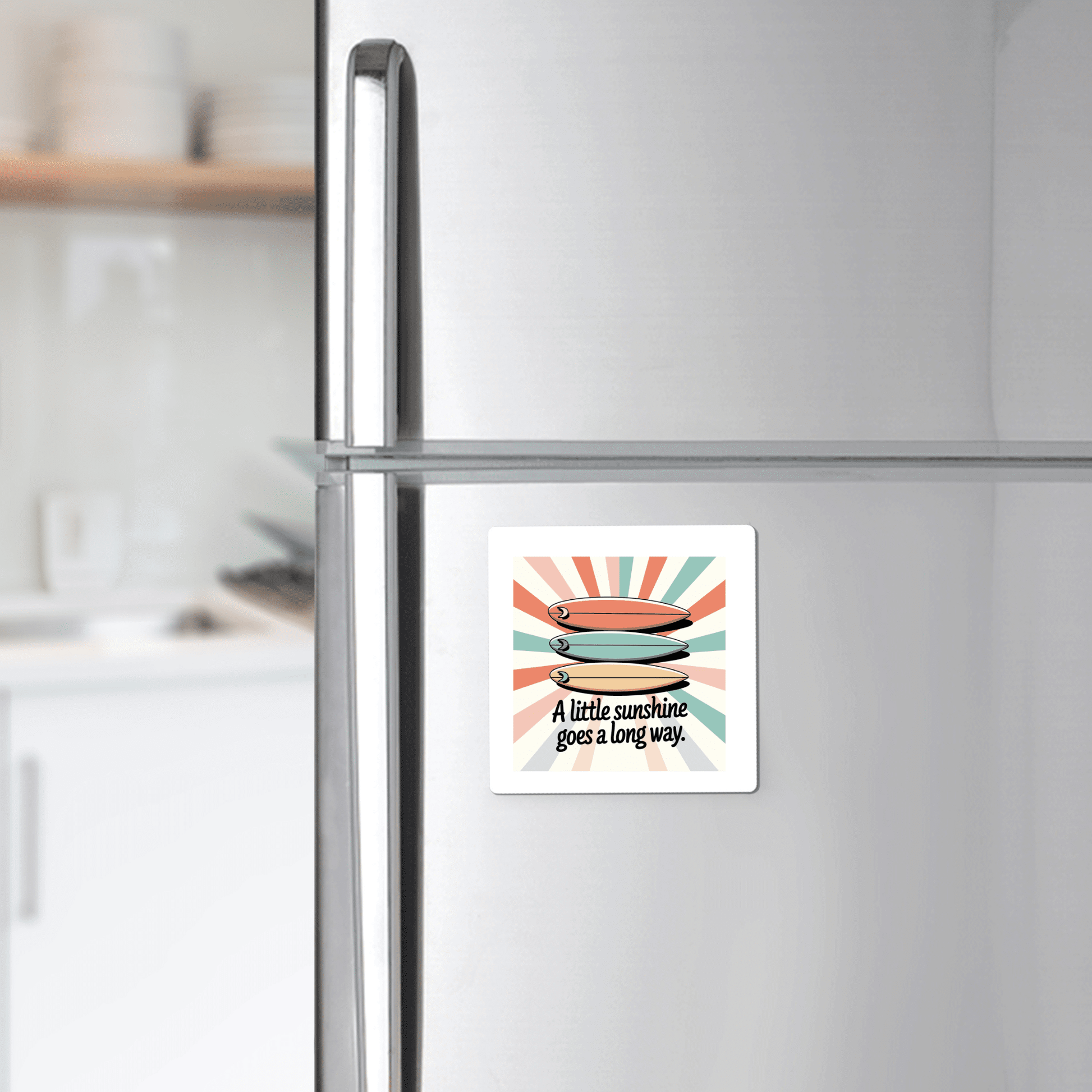 A Mirabilia Boutique "A Little Sunshine Magnet – Retro Surf & Sun Vibes" features two illustrated surfboards and cheerful text on pastel rays, adding retro charm and warmth to any refrigerator.