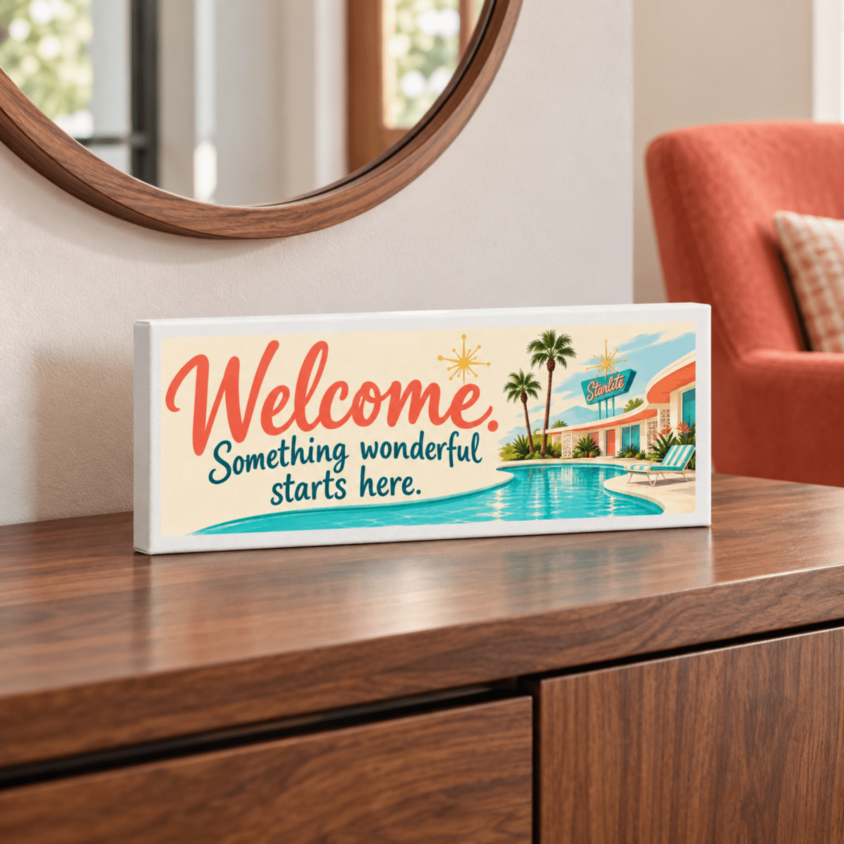 Rectangular Starlite Motor Court shelf sign featuring the “Welcome, Something Wonderful Starts Here Shelf Sitter | Chrome & Starlight” text next to a retro illustration of a hotel pool.