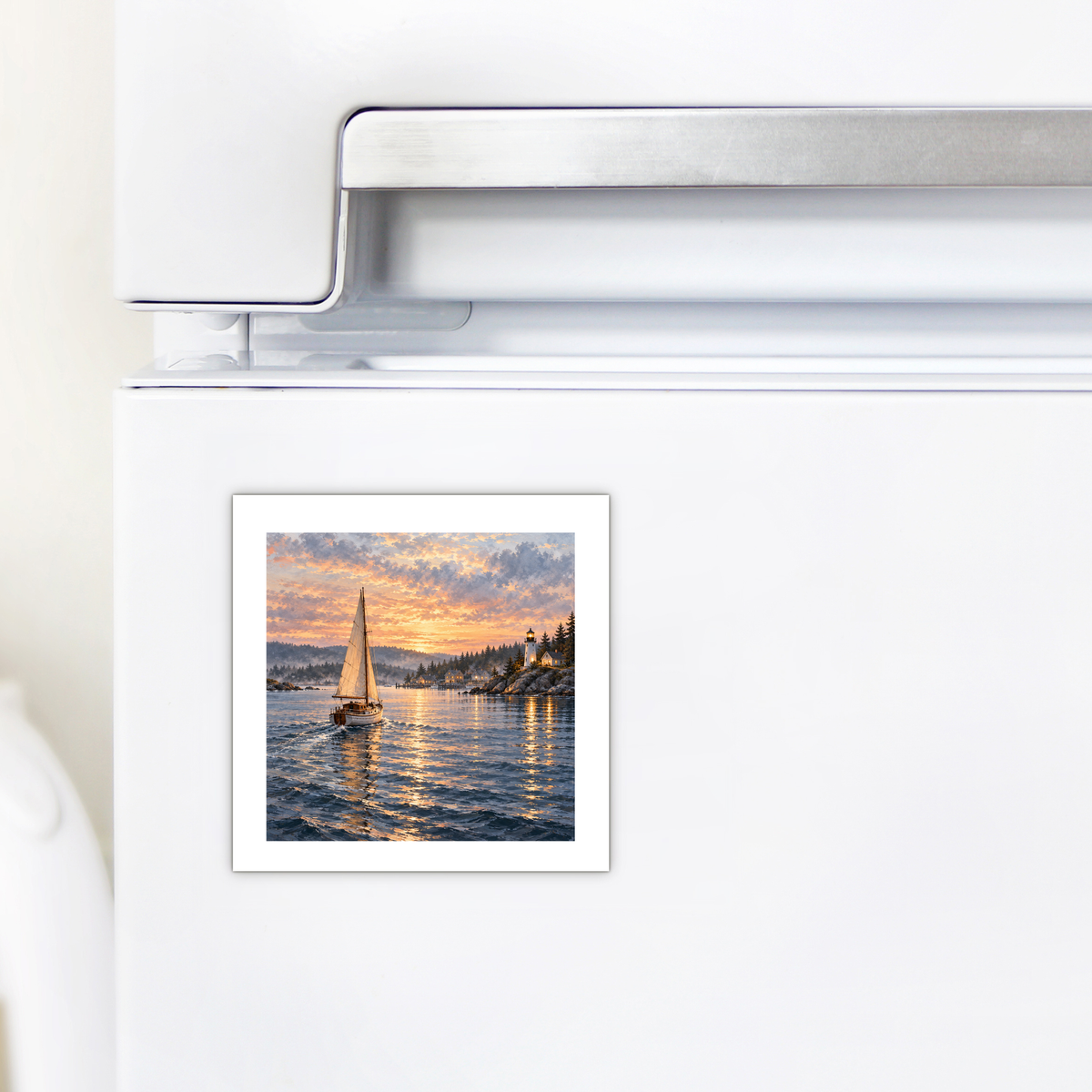 The Long Way Home Magnet from Mirabilia Boutique is a square sailboat magnet on a white refrigerator featuring coastal artwork of a vessel on the water at sunset near a lighthouse.