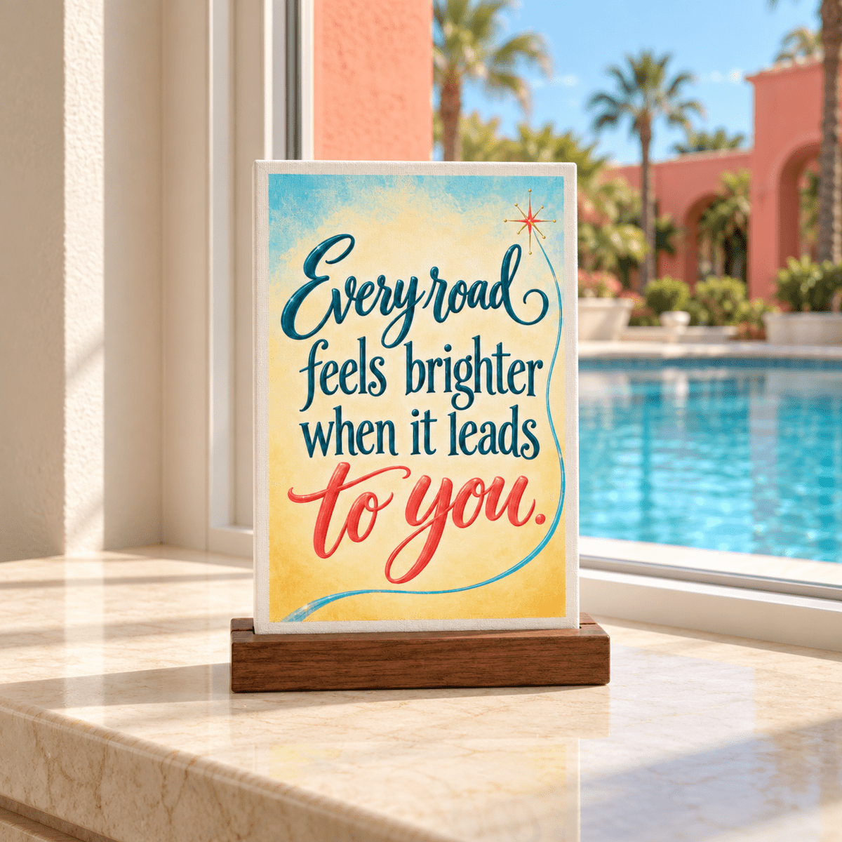 An Every Road Feels Brighter Mini Sign | Chrome & Starlight consisting of a rectangular mini canvas sign on a wooden base with expressive lettering that reads, “Every road feels brighter when it leads to you.”