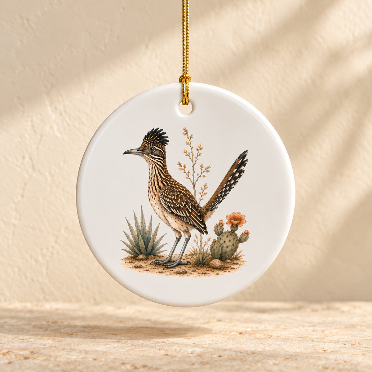 The Roadrunner Ceramic Ornament | Sage & Stone by Mirabilia Boutique features an illustrated roadrunner among cacti on a round ceramic piece, complete with a gold hanging string and light beige background.