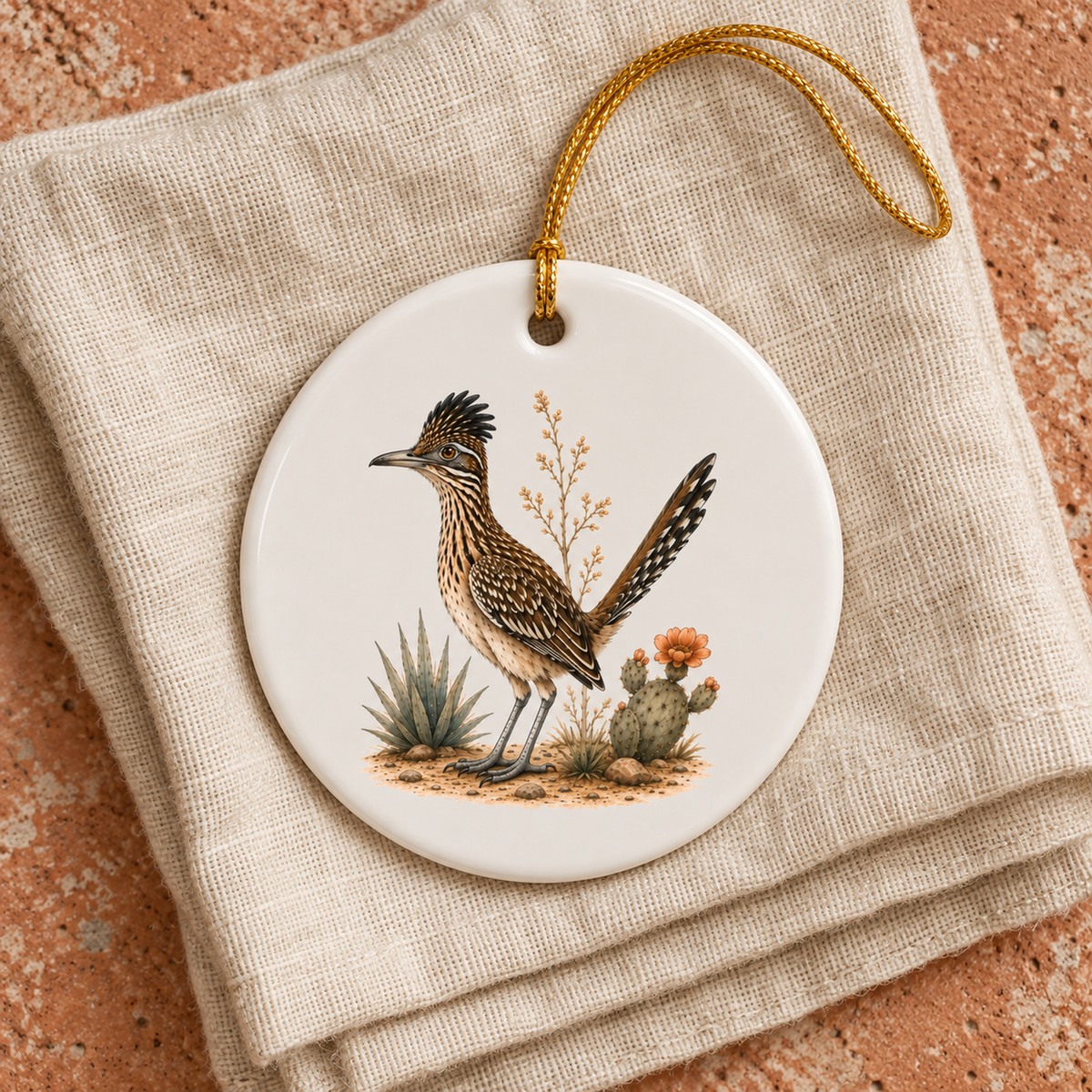 The Roadrunner Ceramic Ornament | Sage & Stone by Mirabilia Boutique features desert plants, a gold hanging string, and rests on a beige linen napkin atop a speckled terracotta surface.