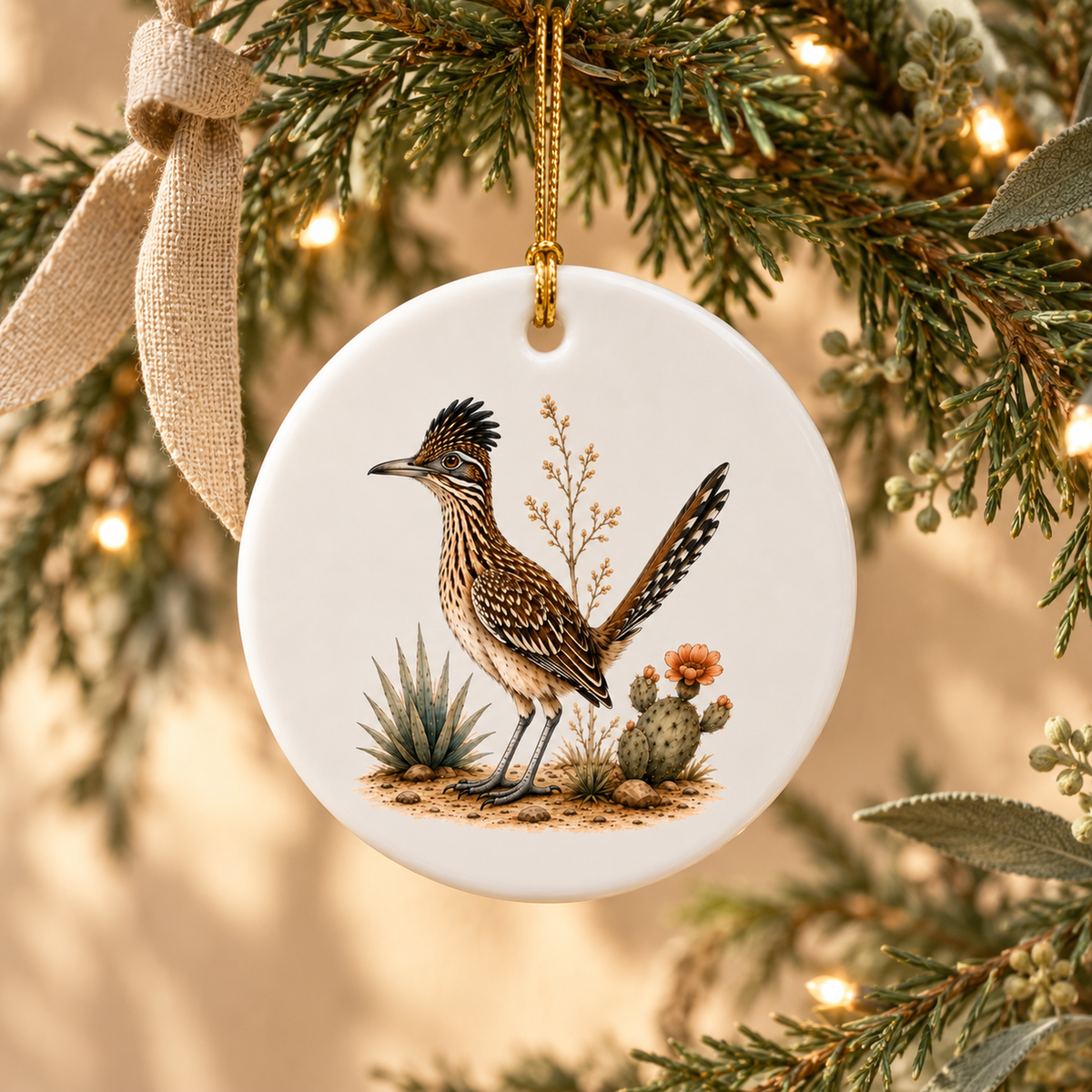 The Roadrunner Ceramic Ornament | Sage & Stone from Mirabilia Boutique features a detailed desert bird and hangs on a Christmas tree with warm white lights and green pine branches in the background.