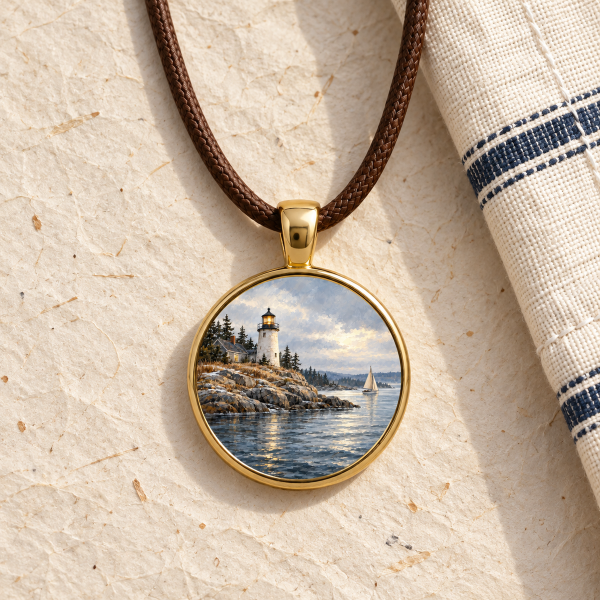 Mirabilia Boutique Harbor Light | Story Pendant Necklace featuring a miniature lighthouse painting on a rocky coast with a sailboat at sea, hanging from a gold-accented brown braided cord.