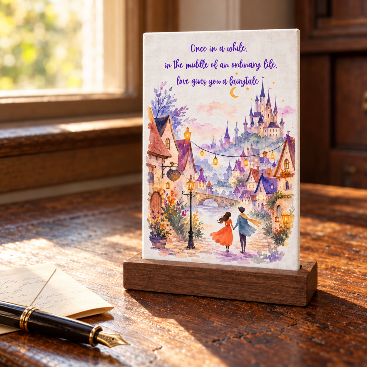Love Gives You a Fairytale Mini Canvas Sign featuring a watercolor illustration of a couple walking toward a fairy-tale castle on a small rectangular canvas with a wooden base, inscribed with, “Once in a while, love gives you a fairytale.”