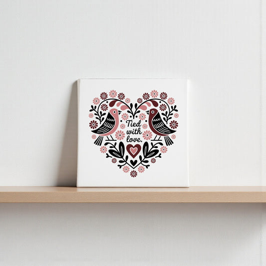 The Tied With Love Folk Art Valentine Canvas by Mirabilia Boutique displays two lovebirds in a heart of Scandinavian floral motifs and the phrase “Tied with love”—perfect for adding unique romance to your wall décor.