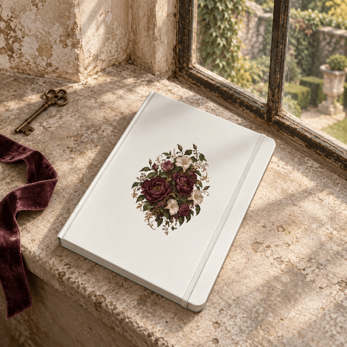 The Moon Garden Floral Journal | Velvet Ruins by Mirabilia Boutique rests on a stone windowsill, surrounded by an old key and a burgundy ribbon, with sunlight streaming in from the garden—an inspiring writing gift for dreamers and creators.