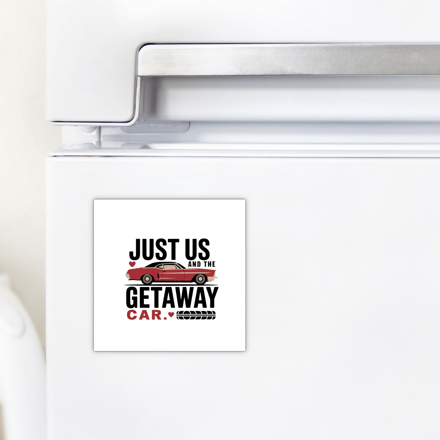 The Mirabilia Boutique Romantic Getaway Car Magnet, with "Just us and the getaway car" and a cute car illustration, makes a charming and funny couples gift—perfect for decorating your fridge.