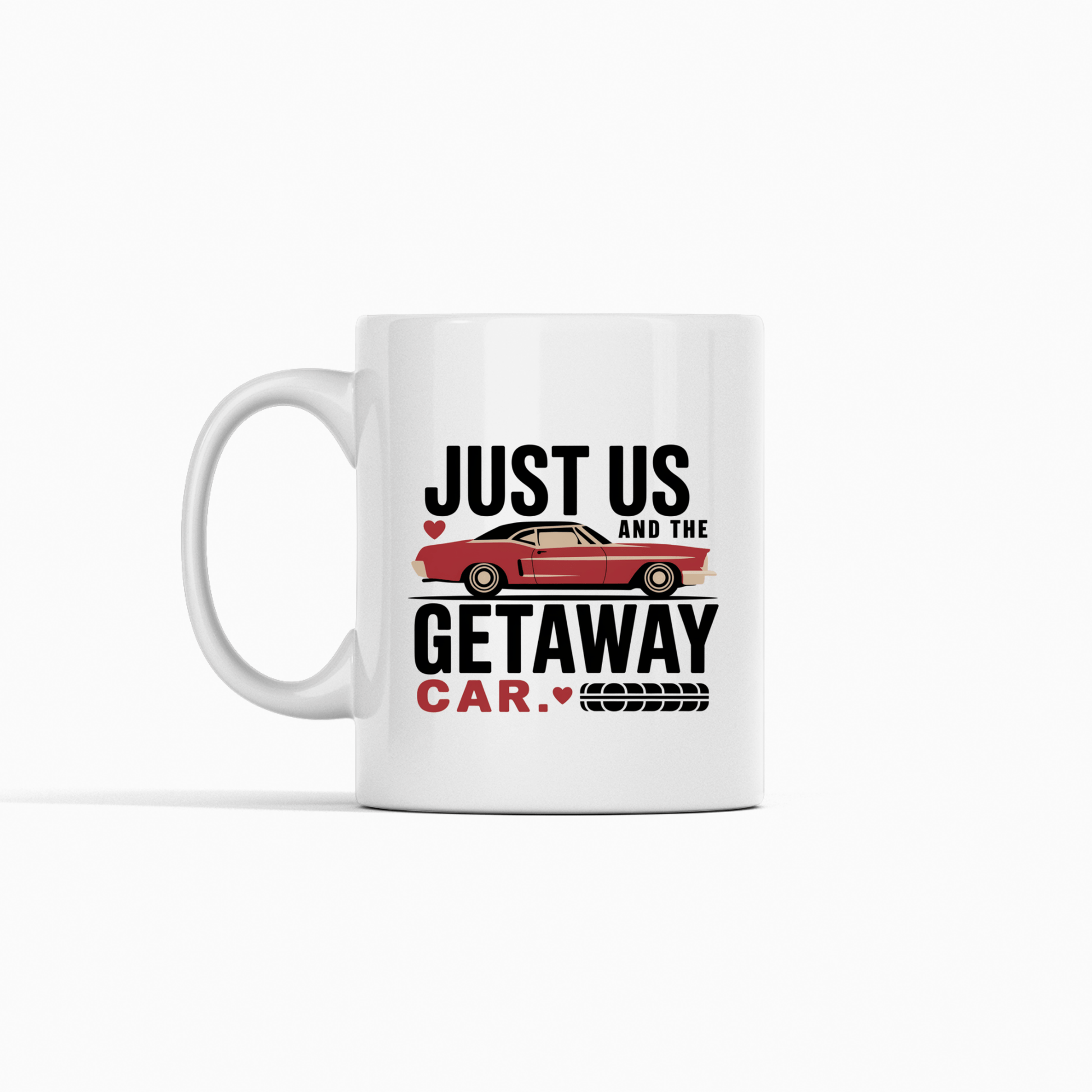 Mirabilia Boutique’s Romantic Getaway Car Mug features a red car, hearts, and “JUST US AND THE GETAWAY CAR.” A funny couples gift idea, perfect as a couple mug or romantic present.
