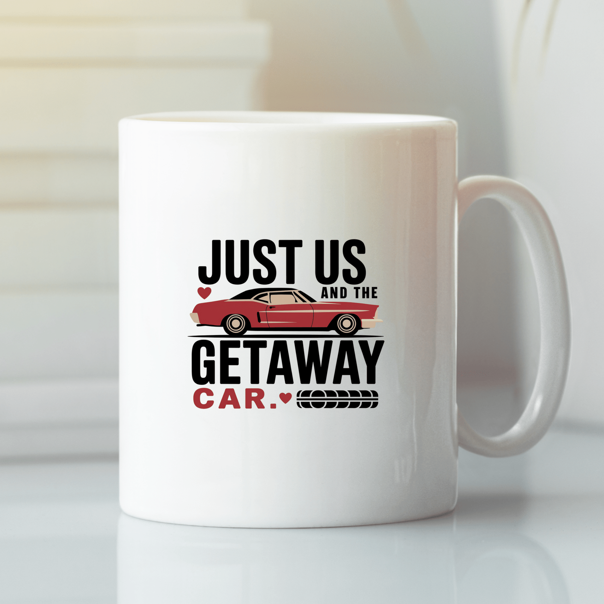 The Romantic Getaway Car Mug by Mirabilia Boutique features a red vintage car, hearts, tire graphics, and "Just us and the getaway car"—a funny couples gift idea perfect for romantic occasions.