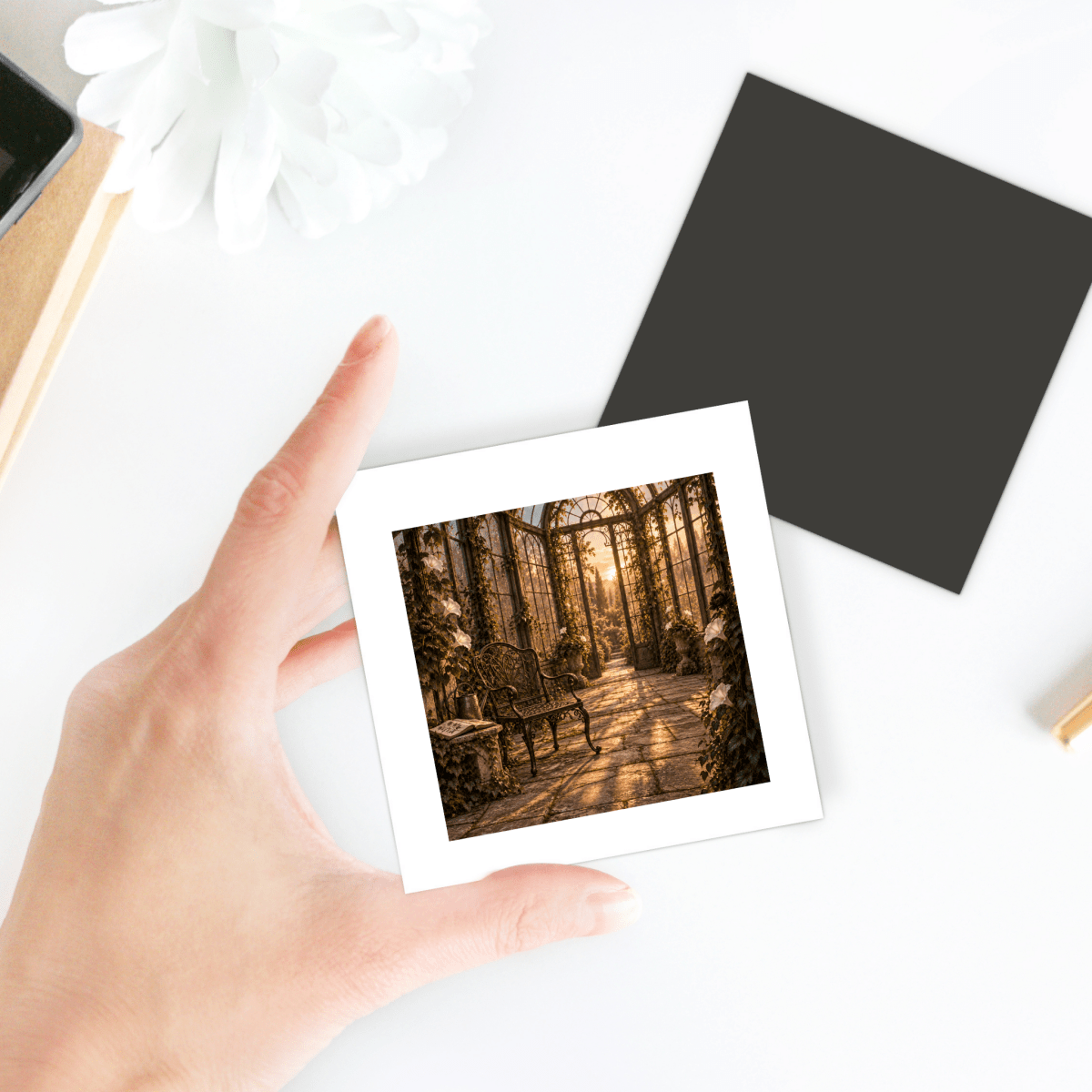 A hand holds the “Last Light in the Conservatory” Magnet by Mirabilia Boutique, featuring a sunlit greenhouse with a bench and lush plants, evoking garden art charm. A blank black card, a white flower, and part of a notebook also rest on the white surface.