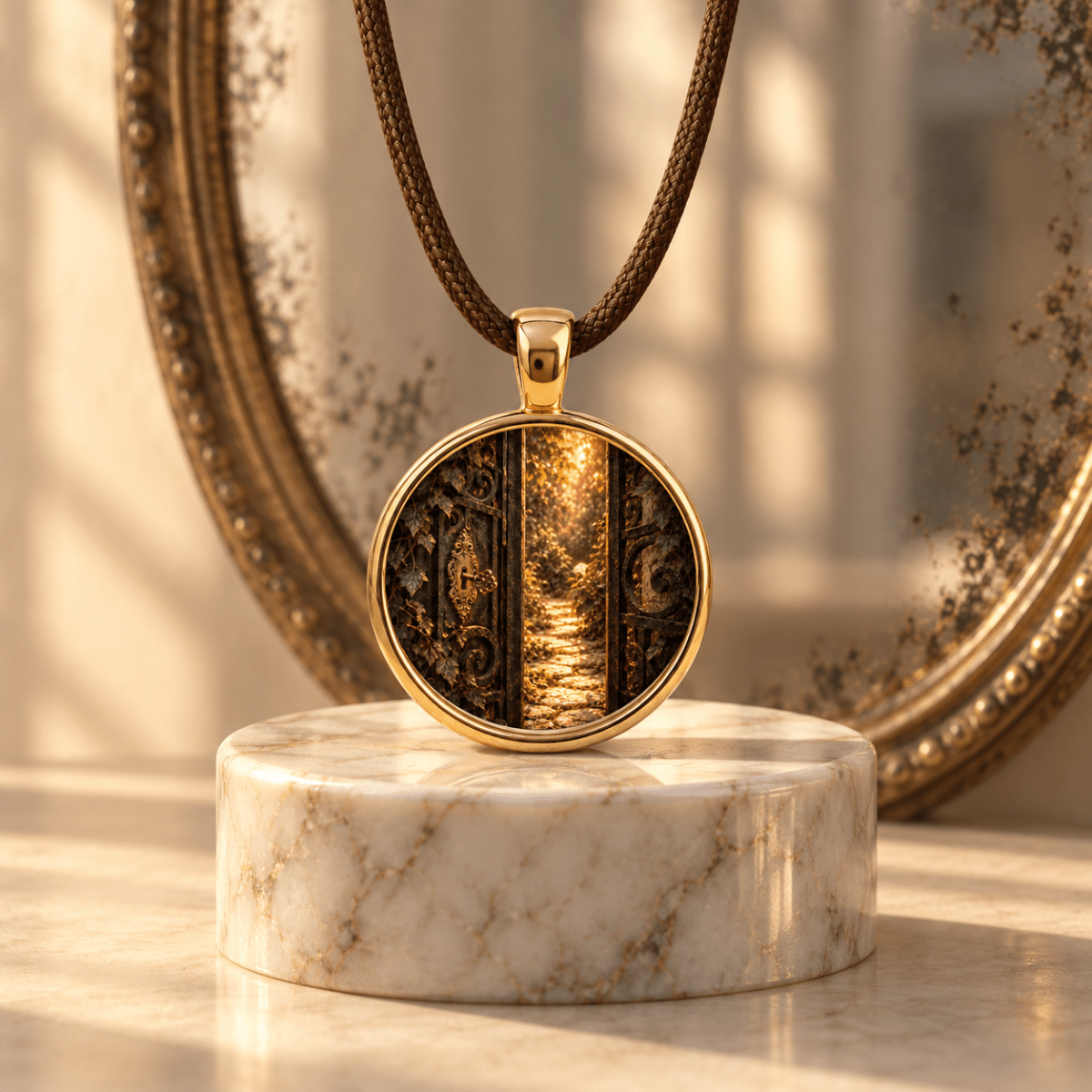 The Gate Unlocked | Story Pendant by Mirabilia Boutique features a gold garden gate necklace on a brown cord, showcasing an image of a sunlit path behind ornate gates. Displayed on a round marble stand with a vintage mirror in the background, this enchanting piece captures the timeless beauty of Velvet Ruins.