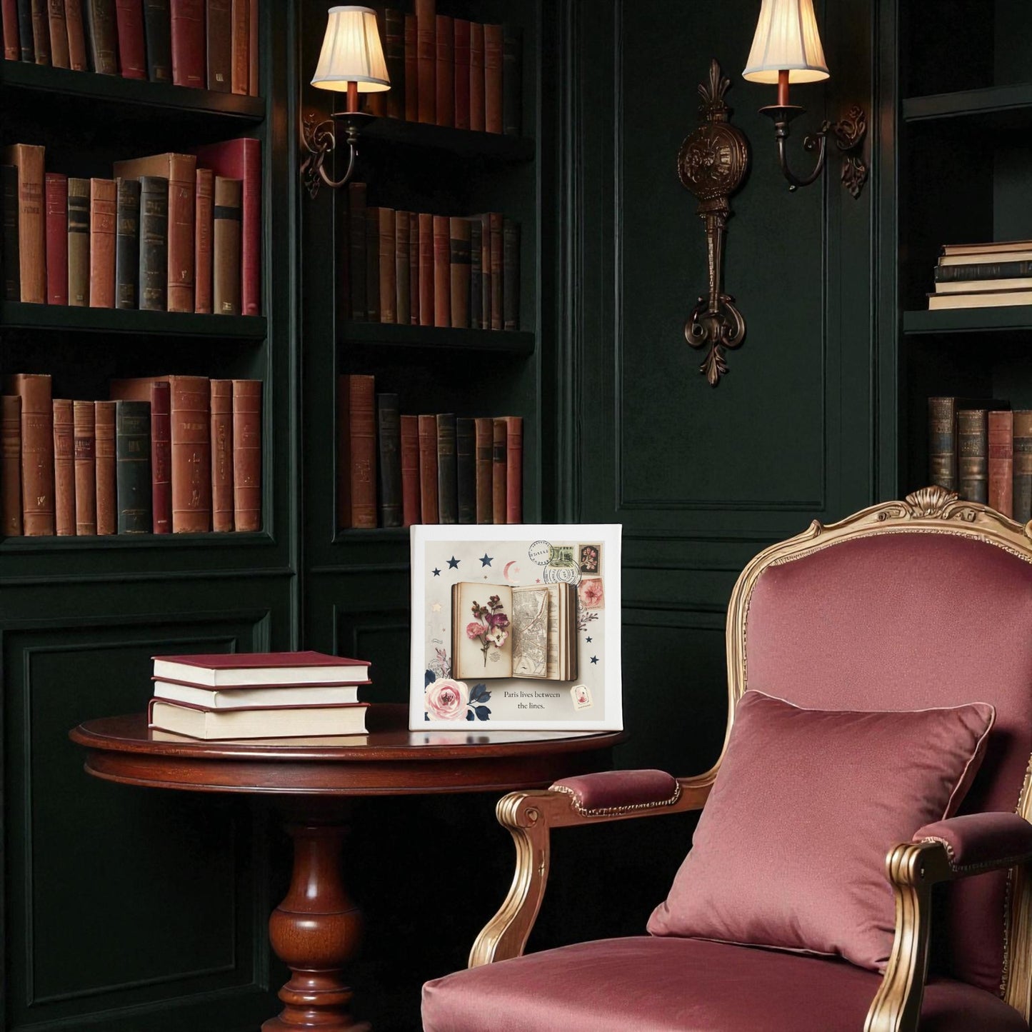 A cozy library with dark wood shelves, antique sconces, a round table stacked with books, and an ornate armchair with mauve cushions. On the table sits Mirabilia Boutique’s "Paris Between the Lines Canvas – Literary Floral 8x8 Art.