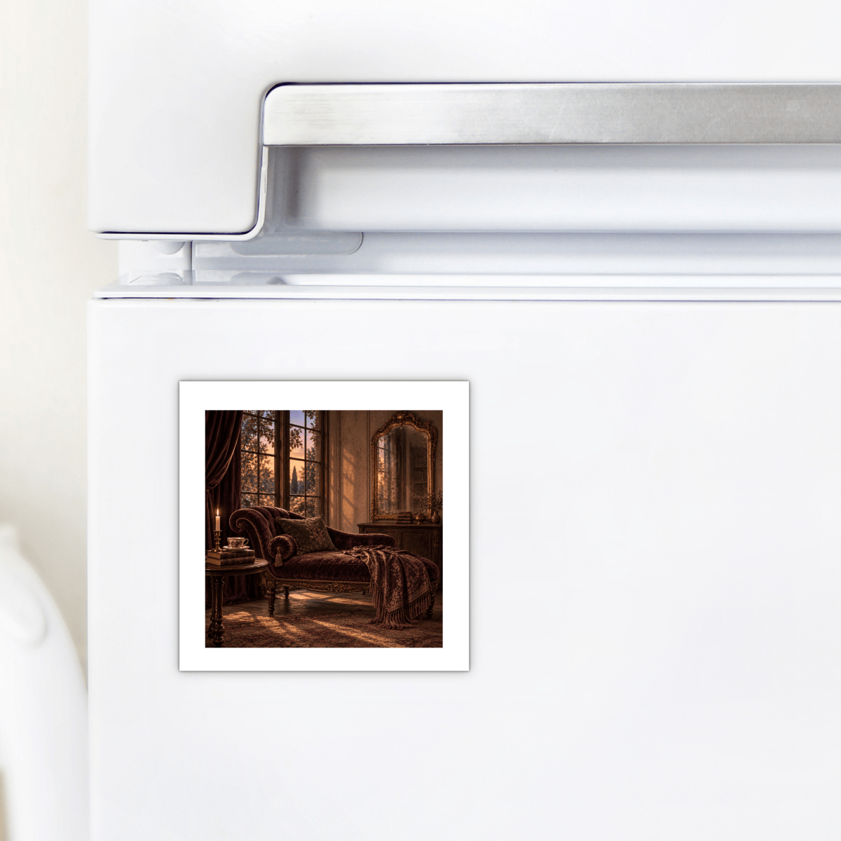 A decorative magnet from Mirabilia Boutique, The Room That Waited Magnet | Velvet Ruins, is displayed on a white refrigerator and features an elegant vintage room with a chaise lounge, ornate table, pastries, and a large sunlit window. This charming small gift is perfect for adding a nostalgic touch to any space.