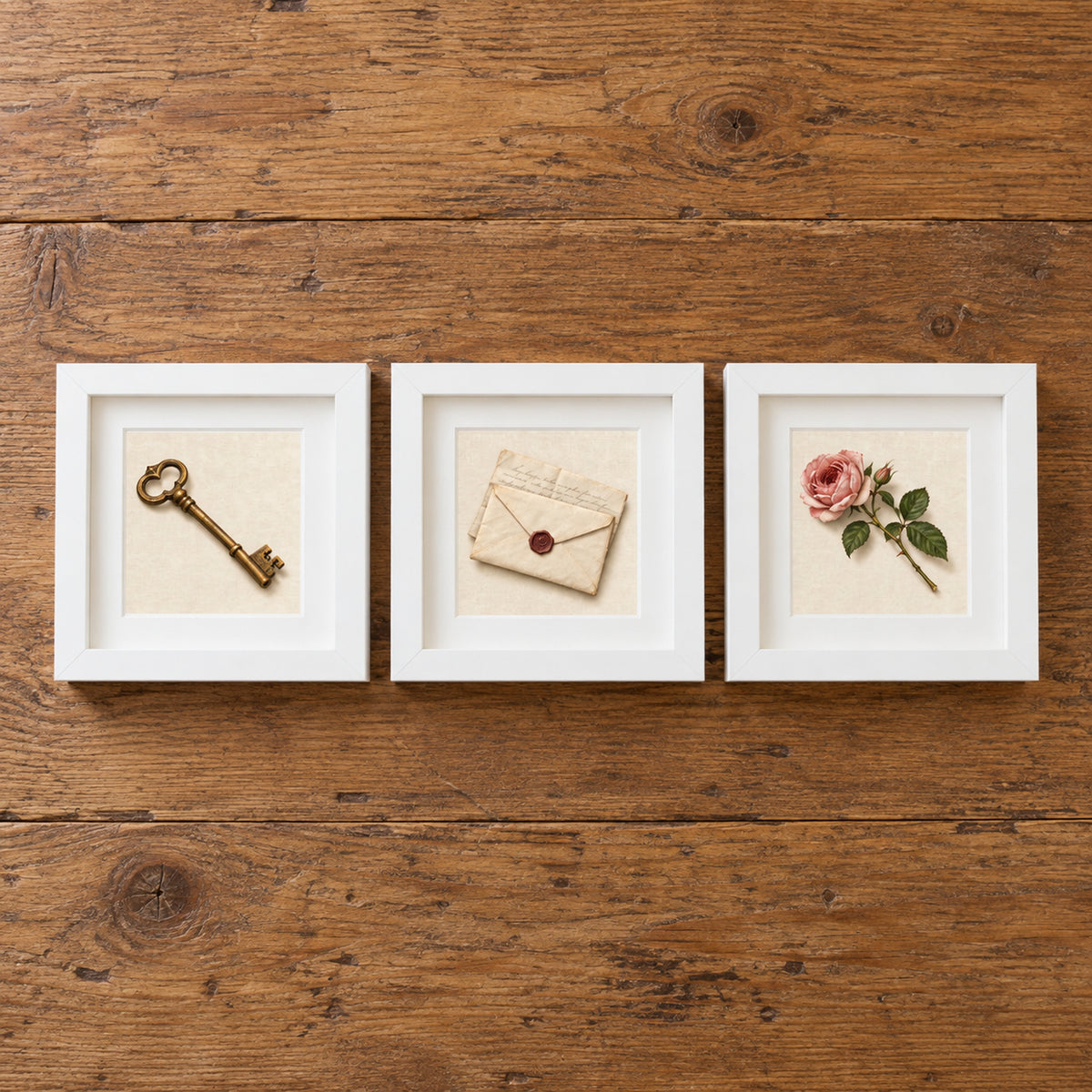 Three white shadowbox frames from The Things We Keep | Mirabilia Relics collection arranged in a row, featuring a vintage key, a sealed wax-stamped envelope, and a single pink rose on a wooden surface.
