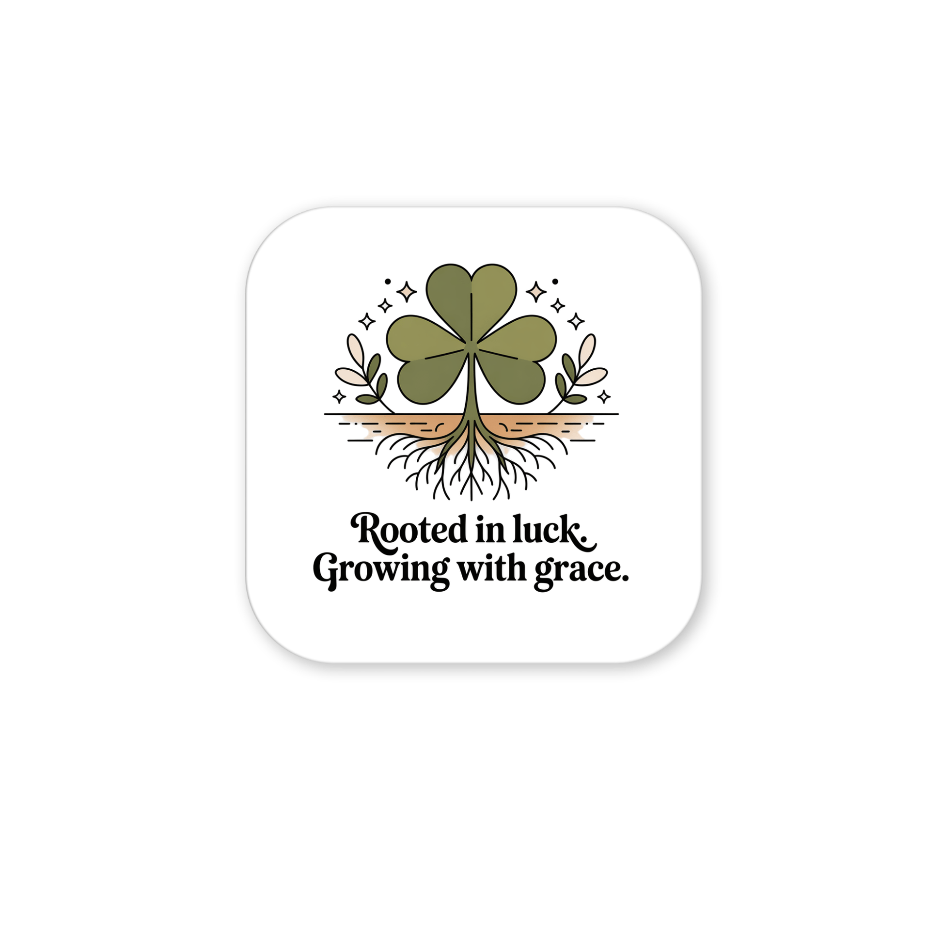The Rooted in Luck Shamrock Magnet by Mirabilia Boutique features a green four-leaf clover with roots, small plants, and sparkles above "Rooted in luck. Growing with grace."—an Irish-inspired accent for your fridge.