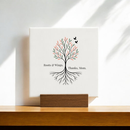 The Roots & Wings Mini Sign – Mother’s Day Tree Canvas by Mirabilia Boutique features a tree with colorful leaves and birds, plus "Roots & Wings. Thanks, Mom." on a wooden stand—a lovely gift that casts sunlit shadows on the wall.