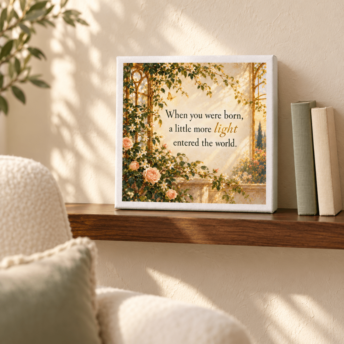 A square A Little More Light Canvas by Mirabilia Boutique featuring a garden scene with climbing roses and the text, “When you were born, a little more light entered the world,” resting on a shelf as floral nursery art.